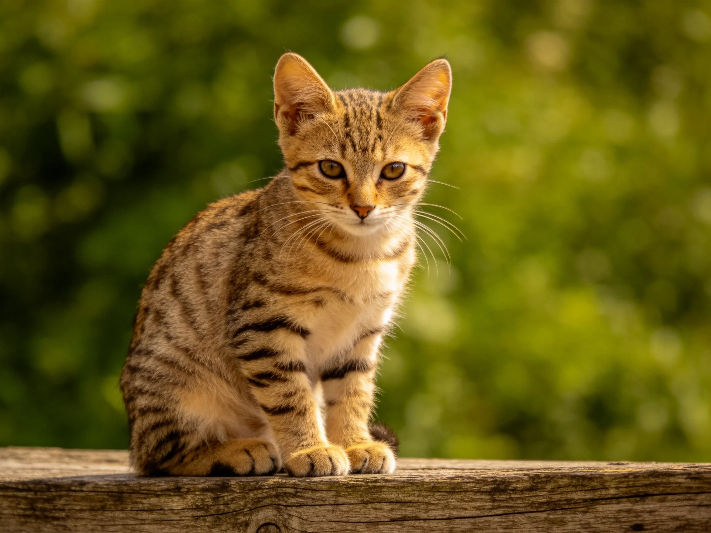 A young tabby kitten sits on a weathered wooden plank amid green foliage