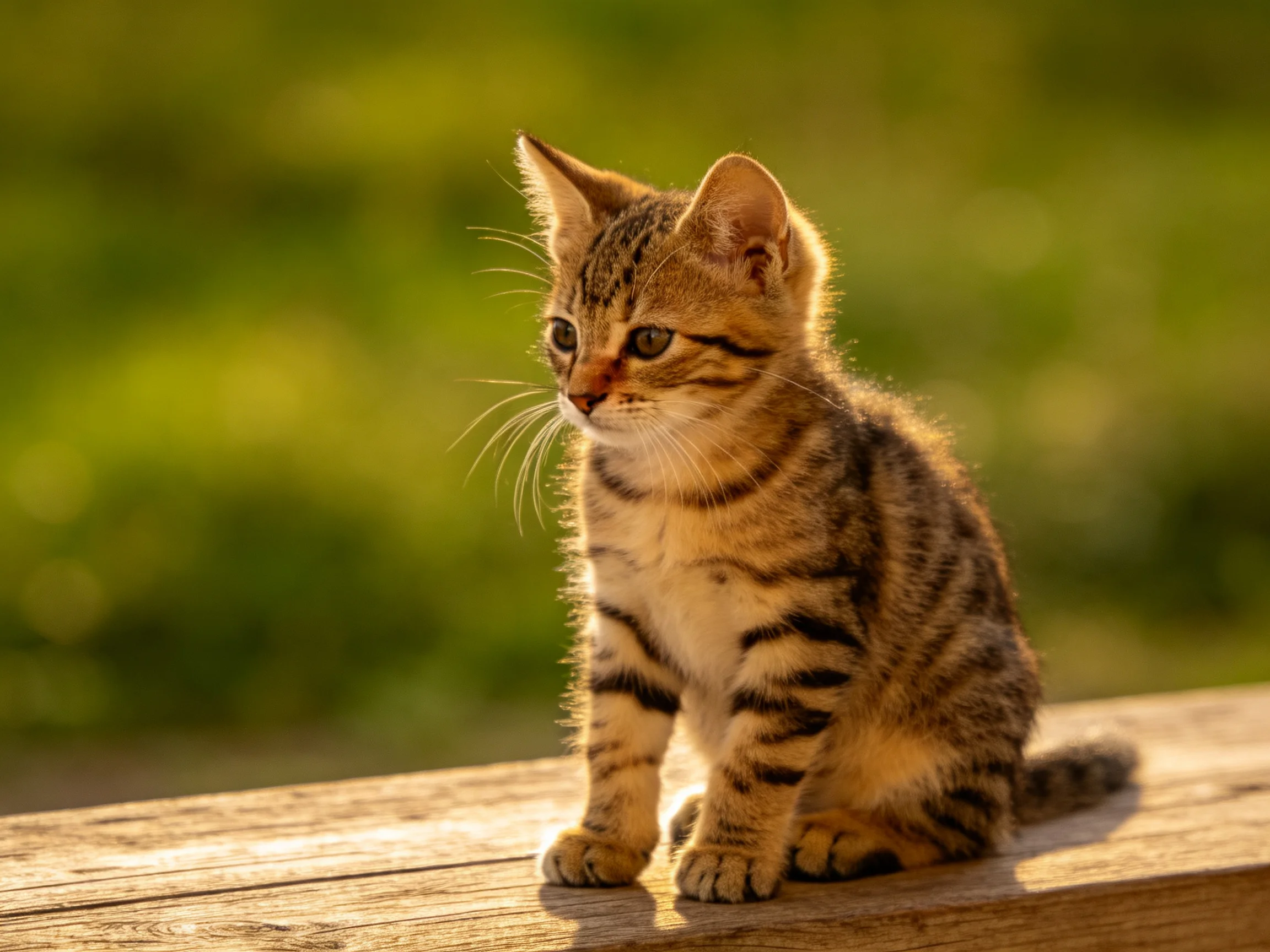 A young tabby kitten sits on a wooden surface amid a soft green backdrop