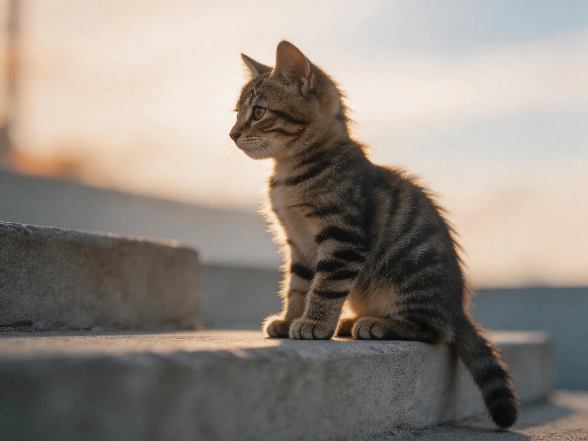 A young tabby kitten sits on concrete steps during golden hour