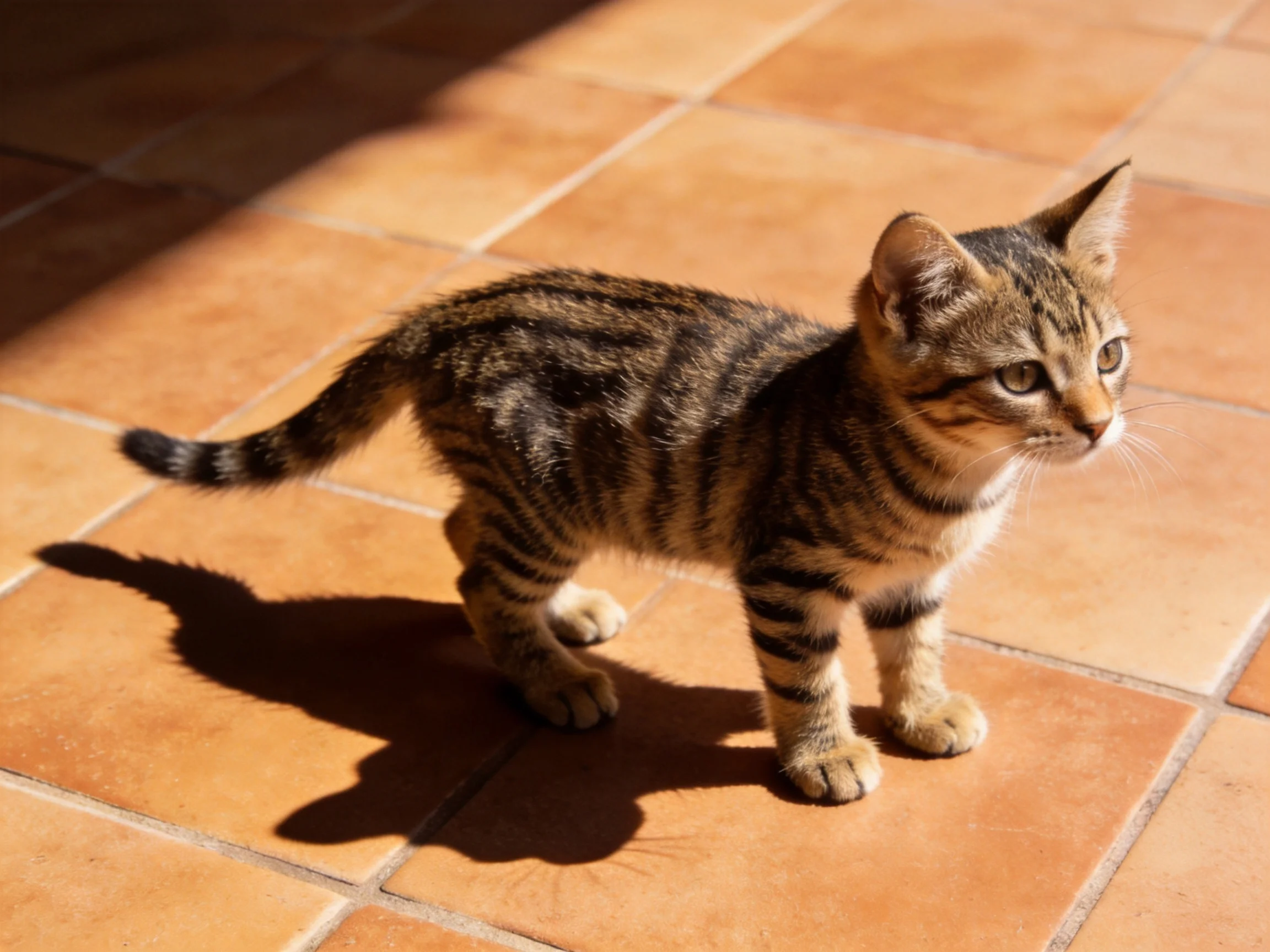 A young tabby kitten stands on warm terracotta tiles in bright sunlight