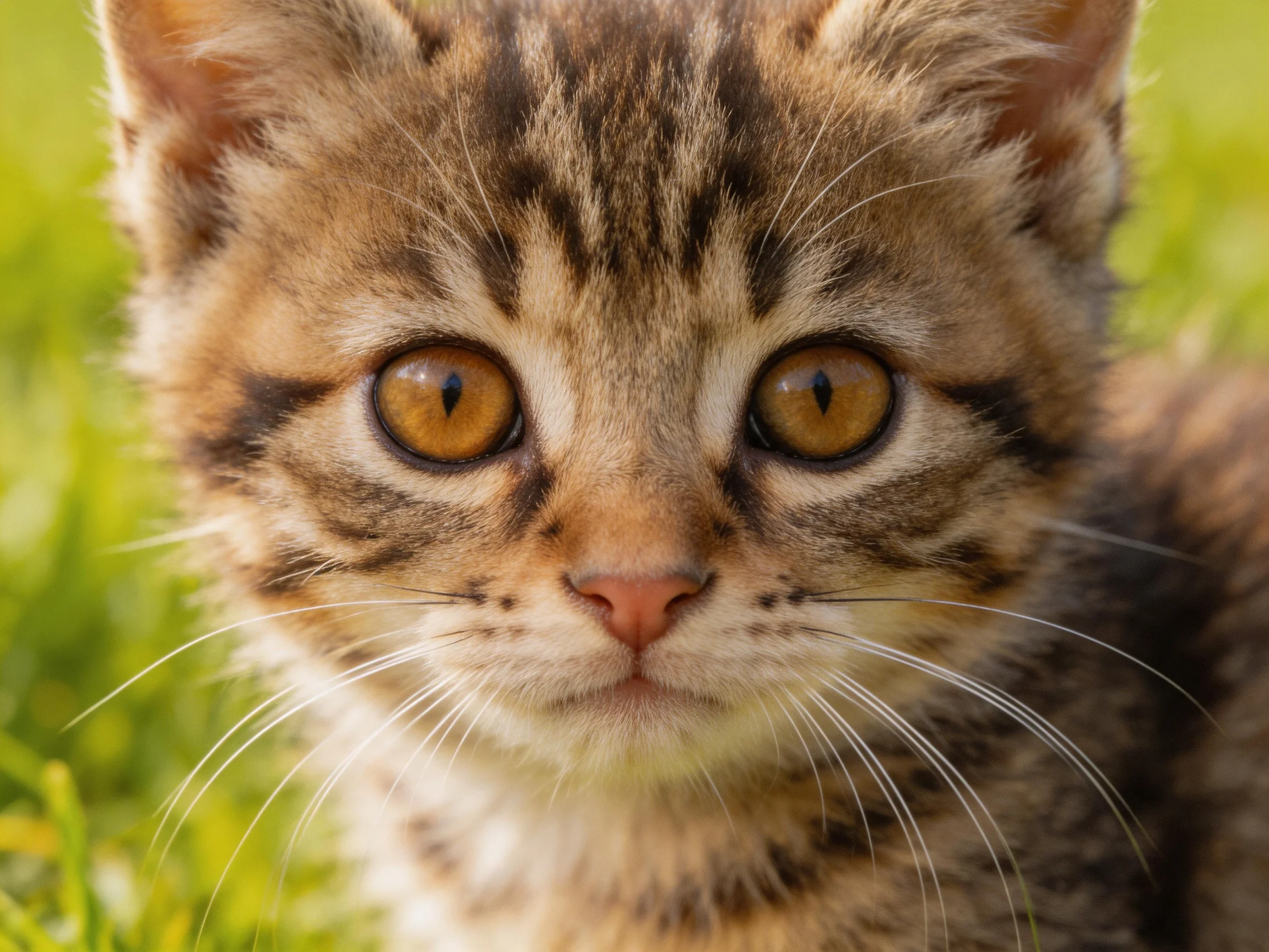 A young tabby kitten with amber eyes in a sunlit grassy area