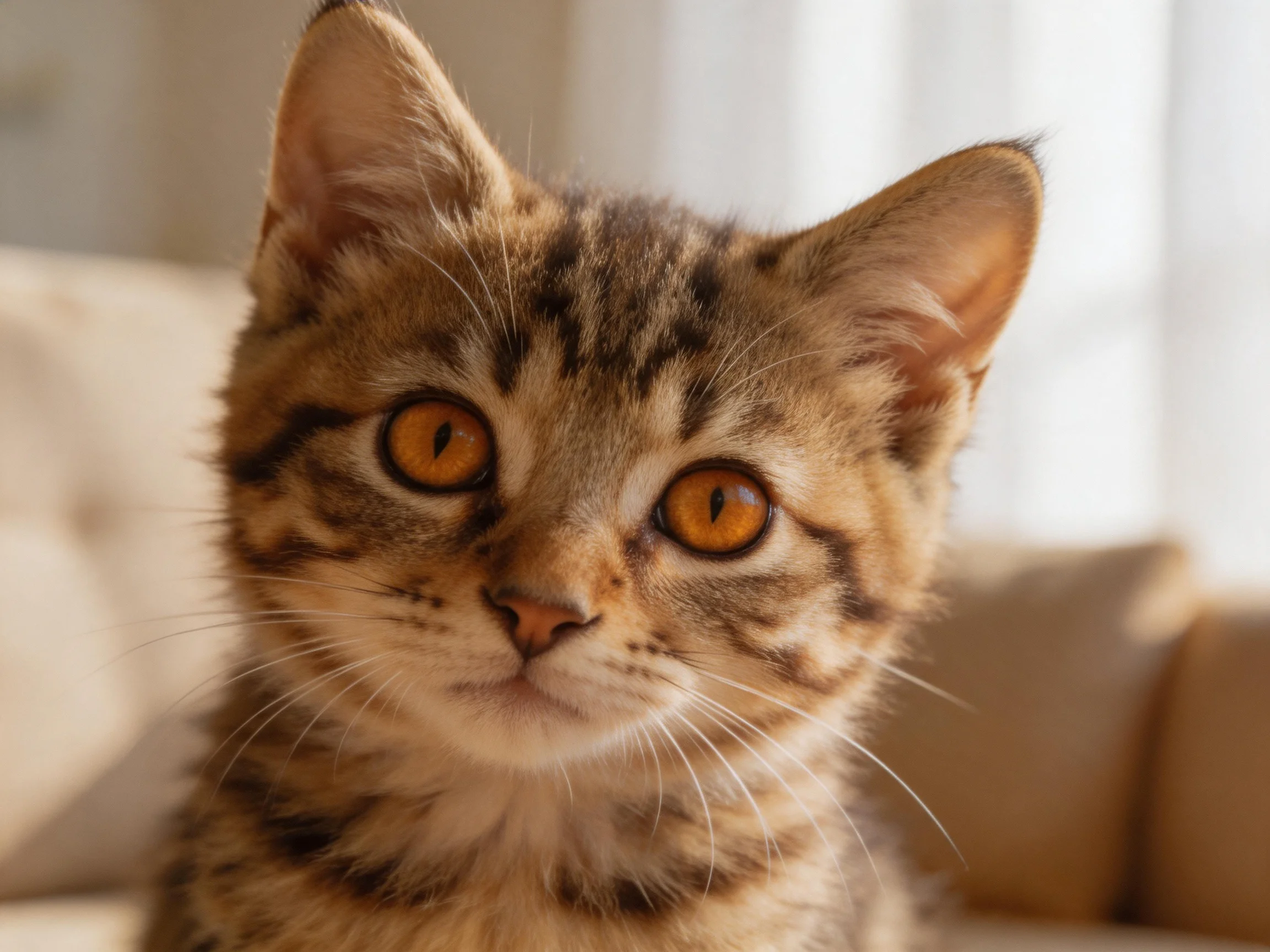 A young tabby kitten with bright amber eyes sits near a beige couch.