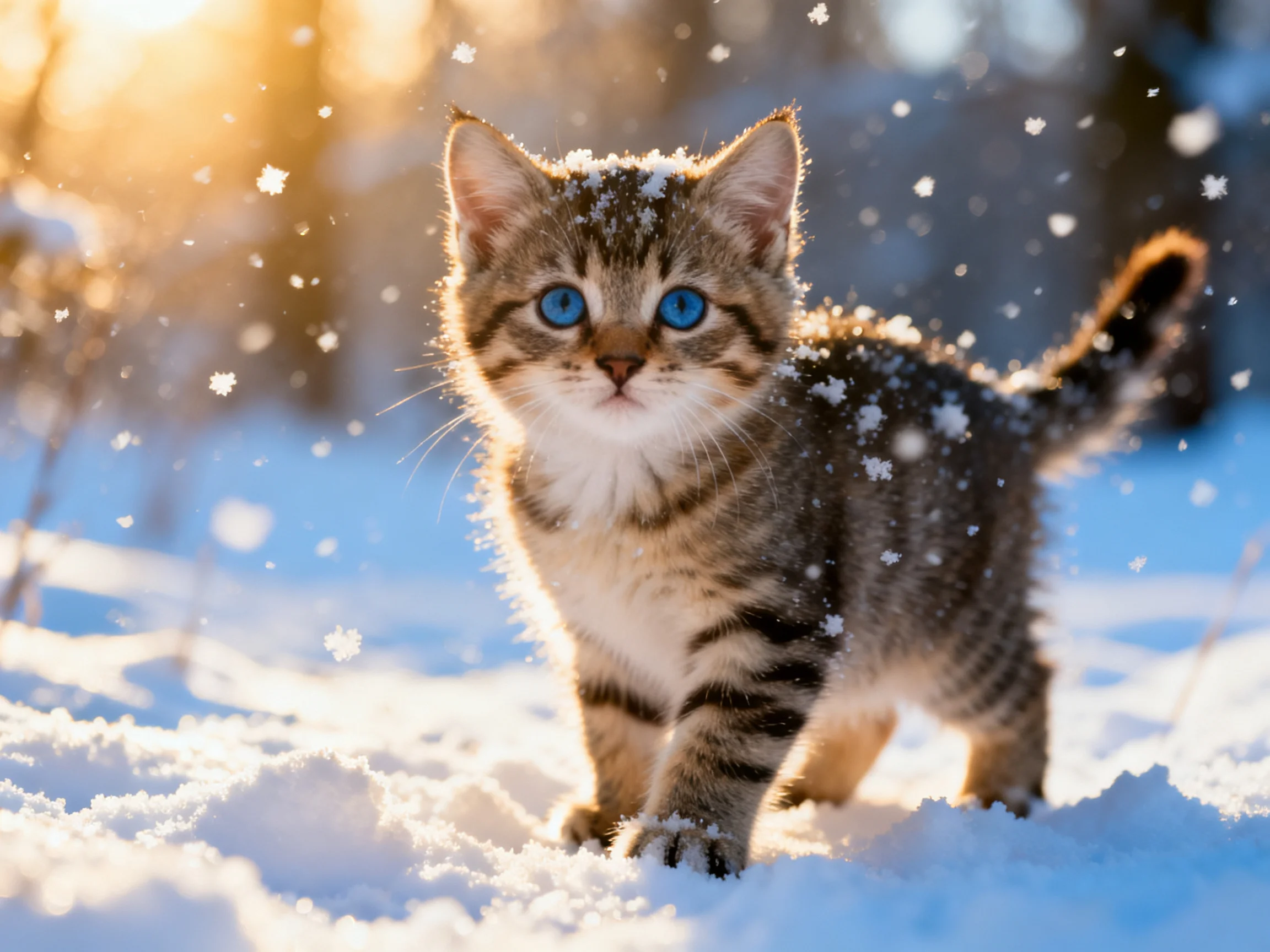 A young tabby kitten with bright blue eyes explores a snowy landscape.