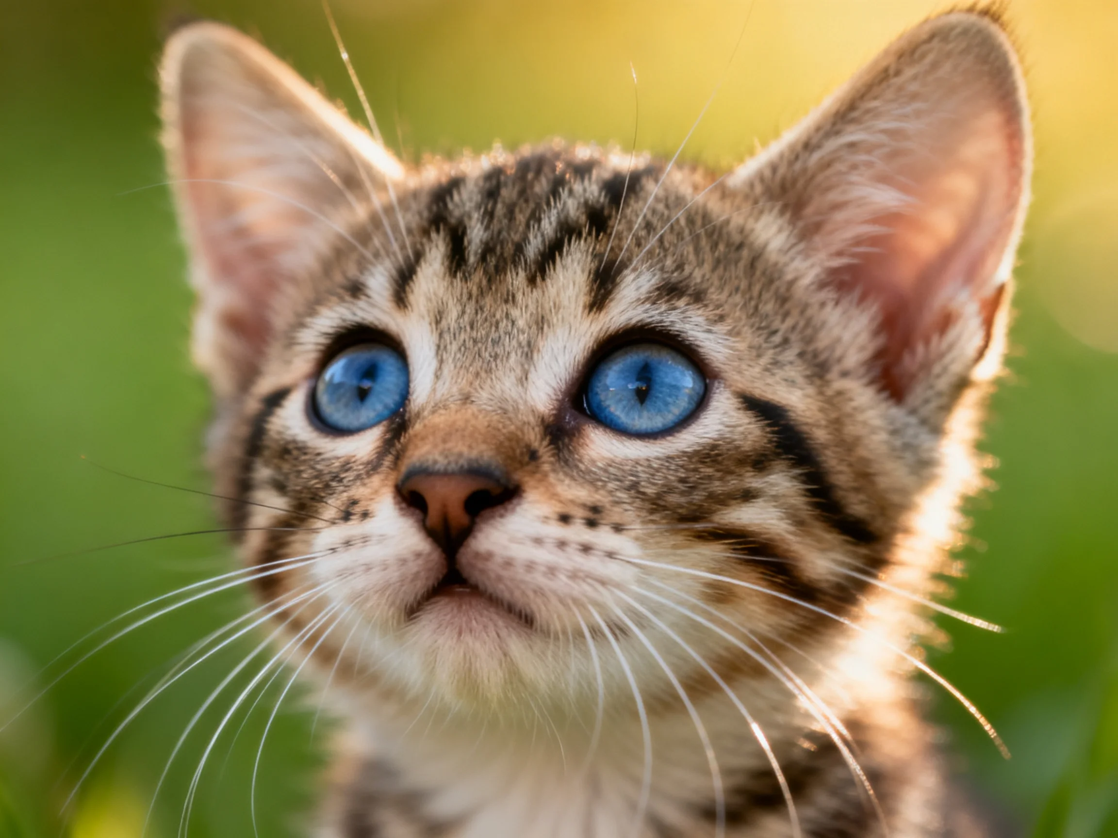 A close - up of a young tabby kitten with striking blue eyes set against a blurred green background.