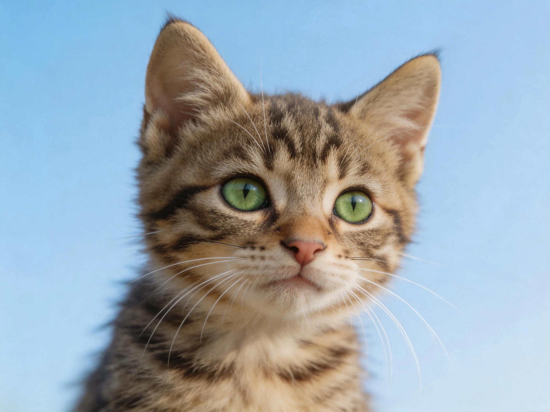 A close - up of a young tabby kitten with green eyes against a blue background.
