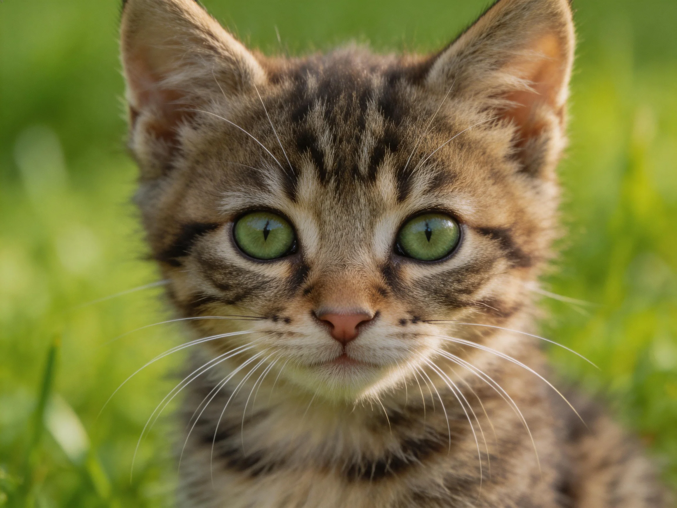 A young tabby kitten with bright green eyes rests amid vibrant greenery.