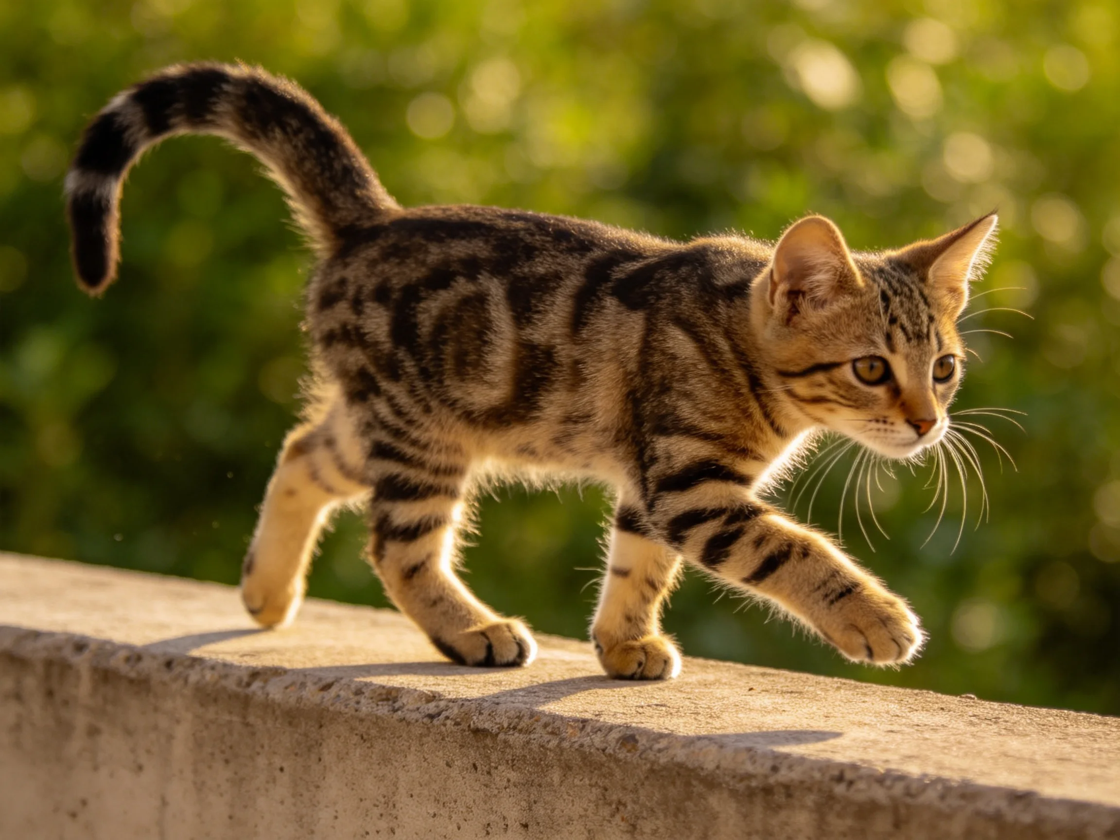 A young tabby kitten carefully walks on a concrete ledge outside.