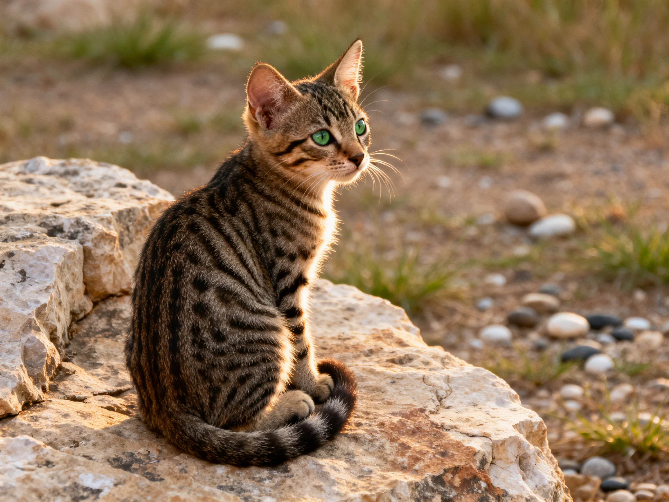 A young tabby kitten with green eyes sits on weathered rocks among pebbles.