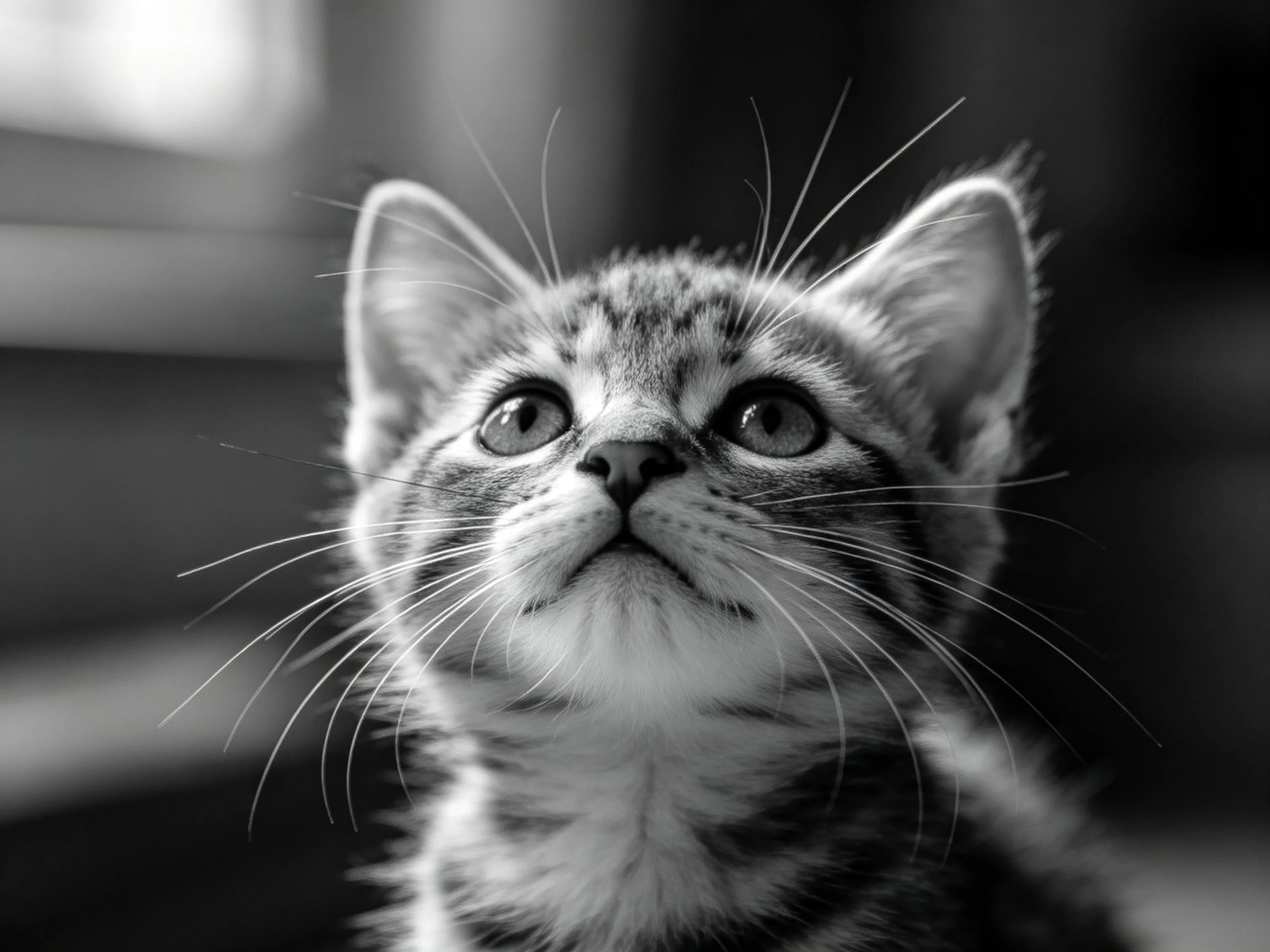 A young tabby kitten with prominent whiskers gazes upward in black and white