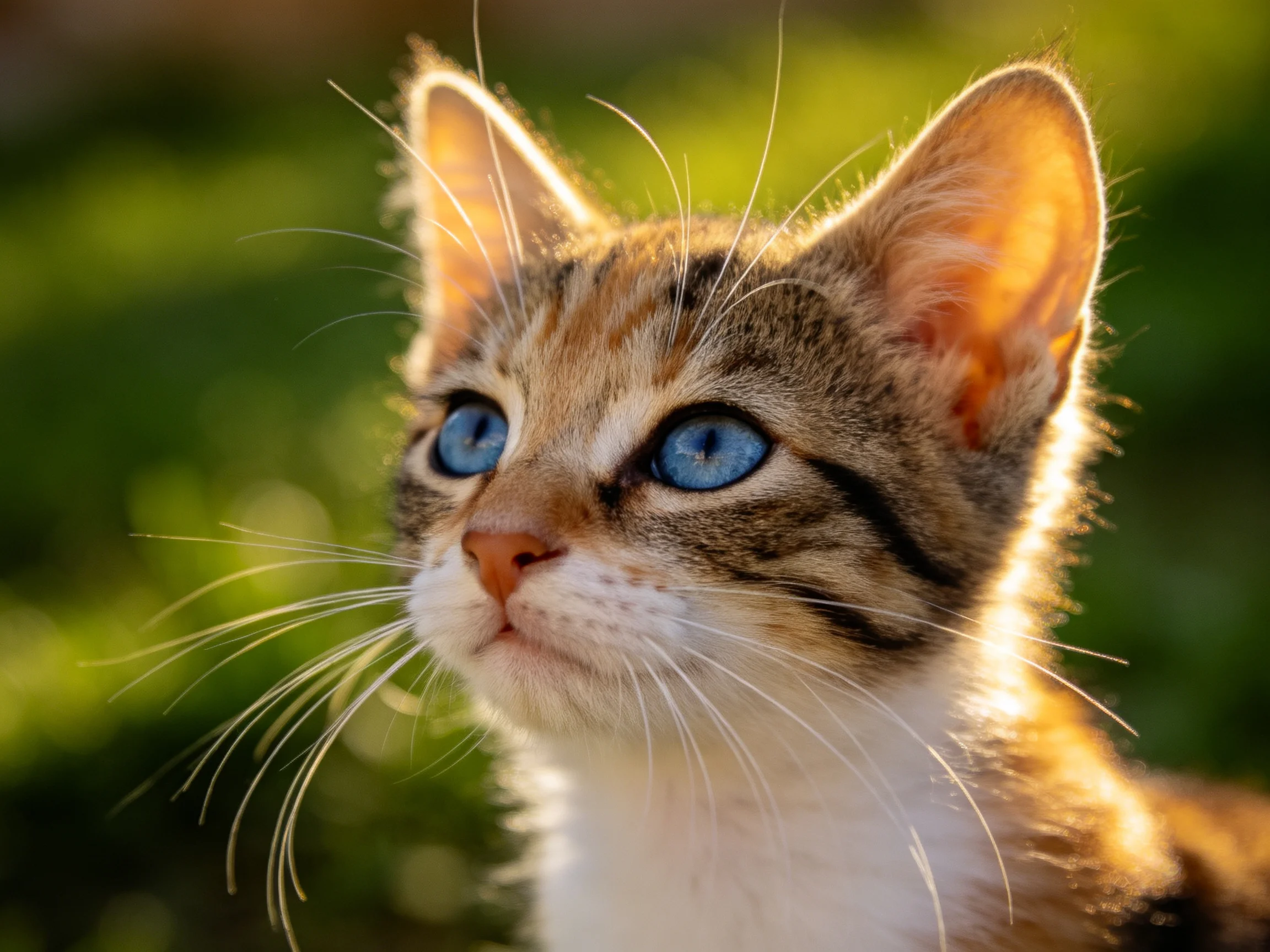 A young tabby kitten with vivid blue eyes gazes outdoors.