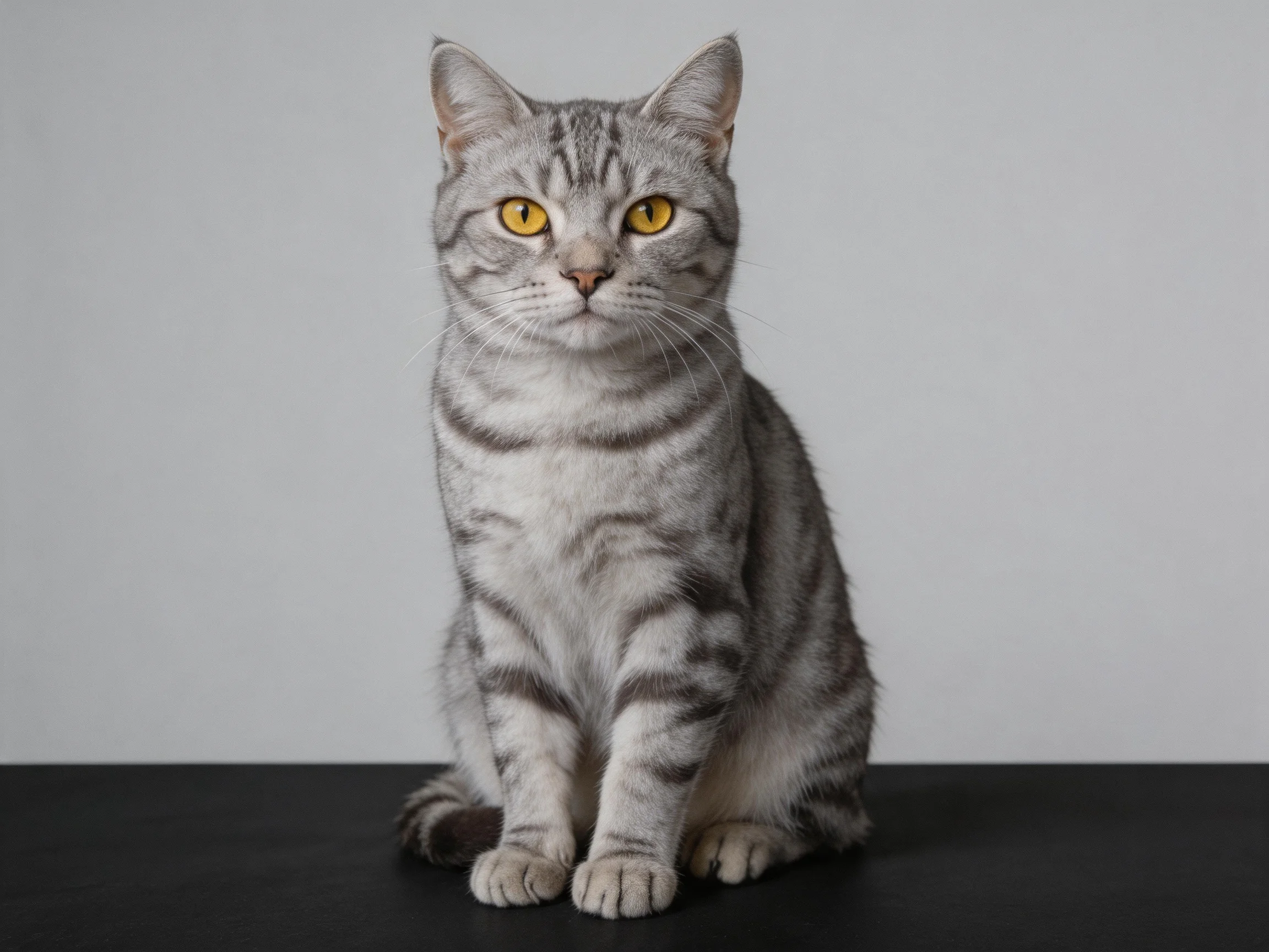 A gray tabby cat with yellow eyes sits on a dark surface.