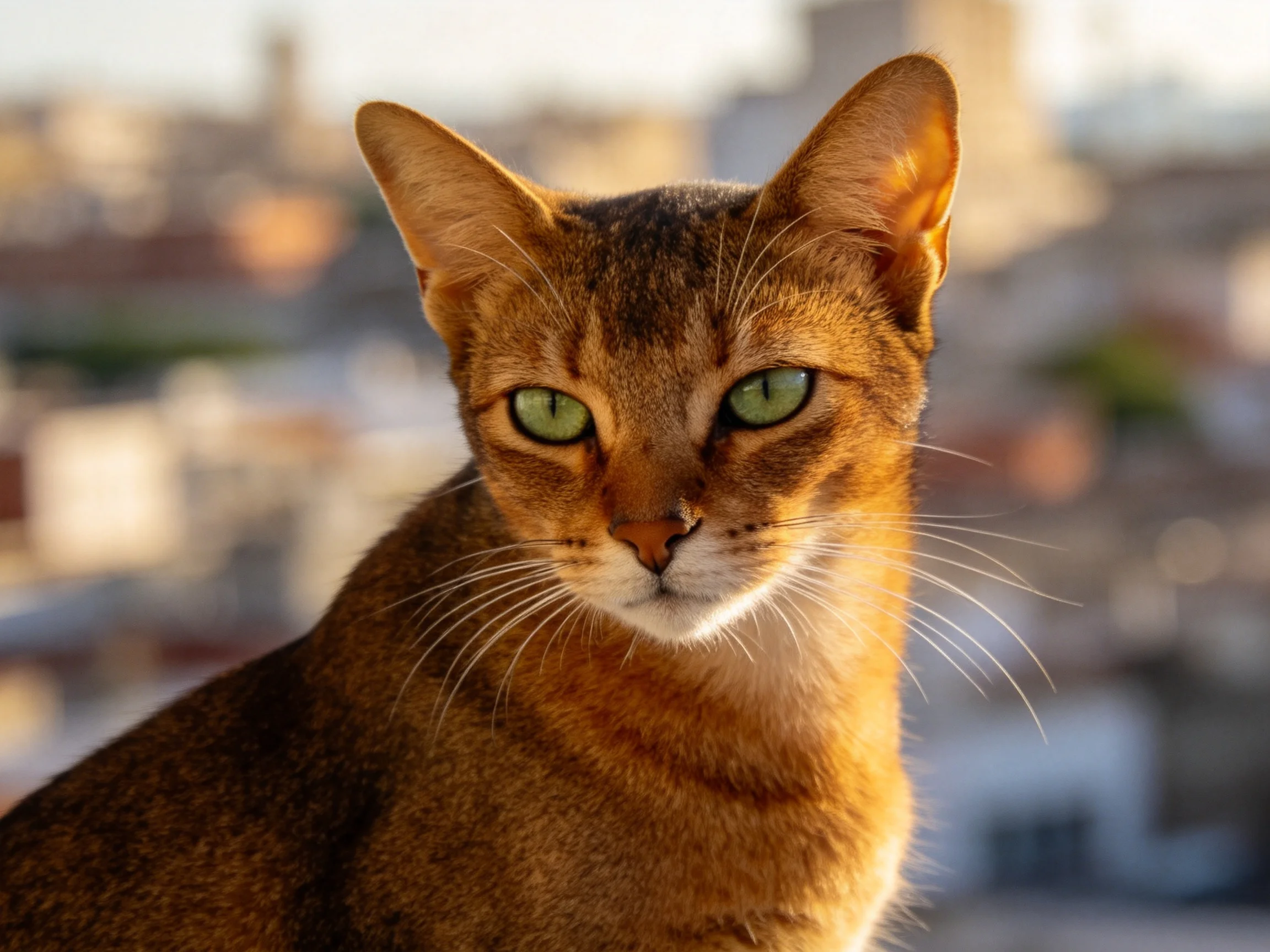 An Abyssinian cat with green eyes is positioned next to a blurred urban backdrop.