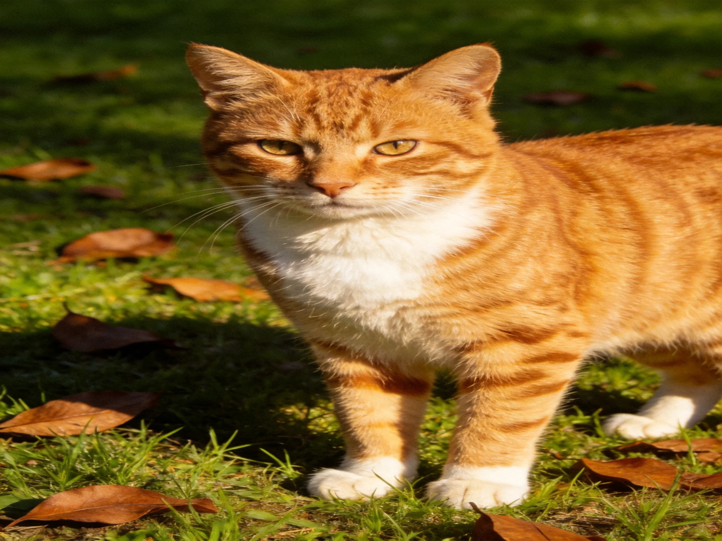 An orange tabby cat stands on sunlit green grass amid scattered leaves.