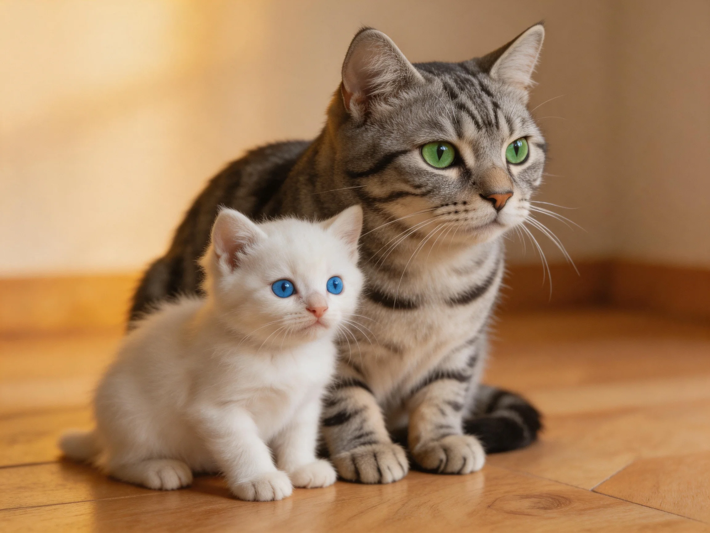 An adult gray tabby cat and white kitten sit together on a wooden floor.