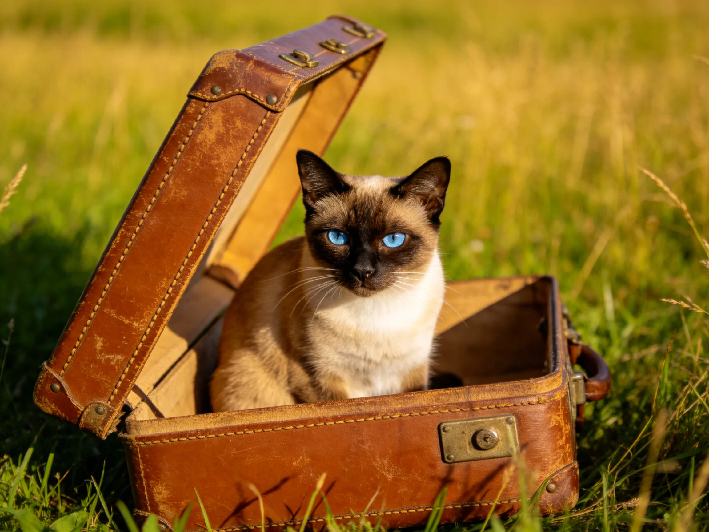 An aged brown suitcase holds a Siamese cat with striking blue eyes on grass