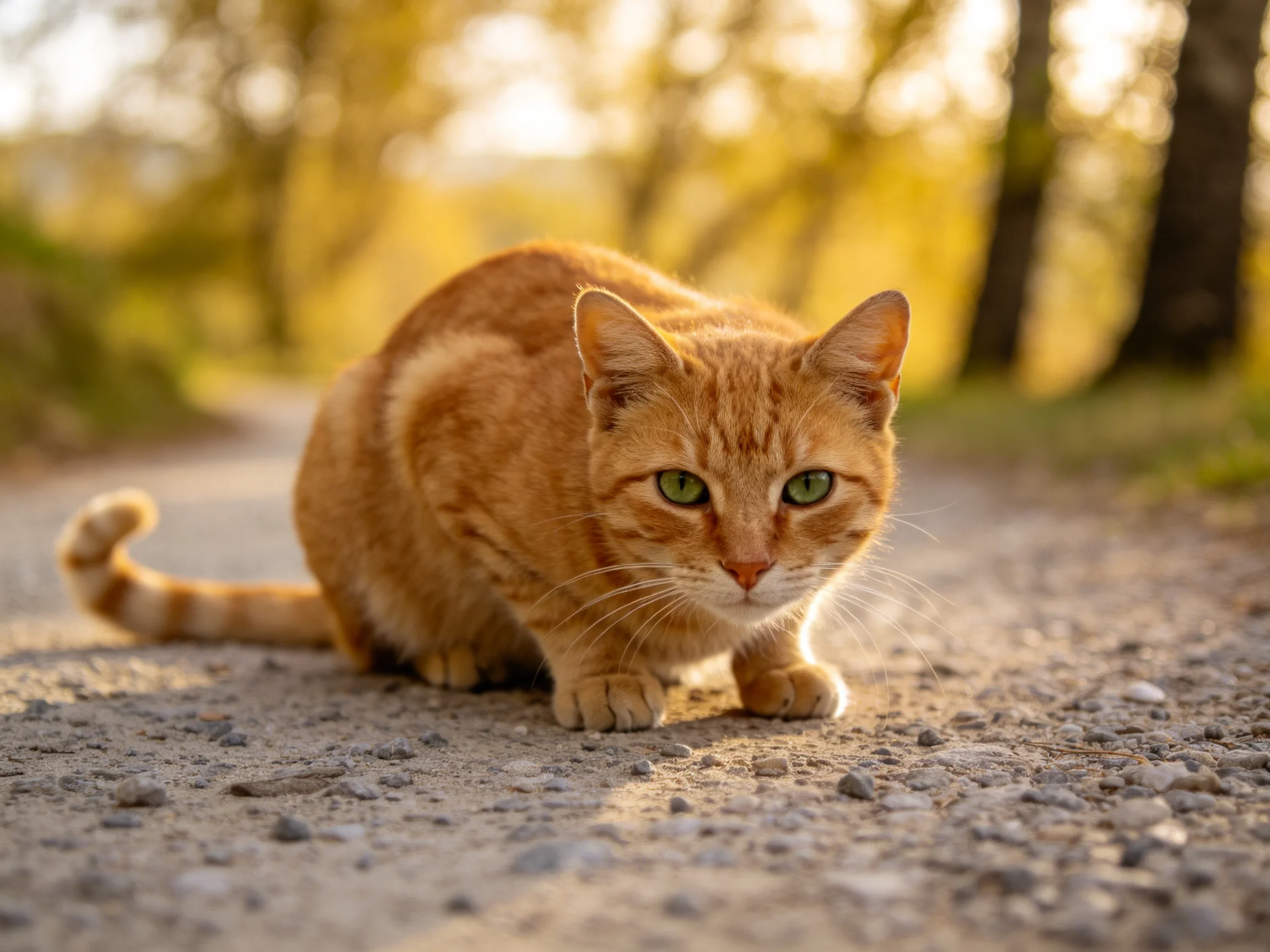 An alert orange tabby cat crouches on a gravel path near golden trees