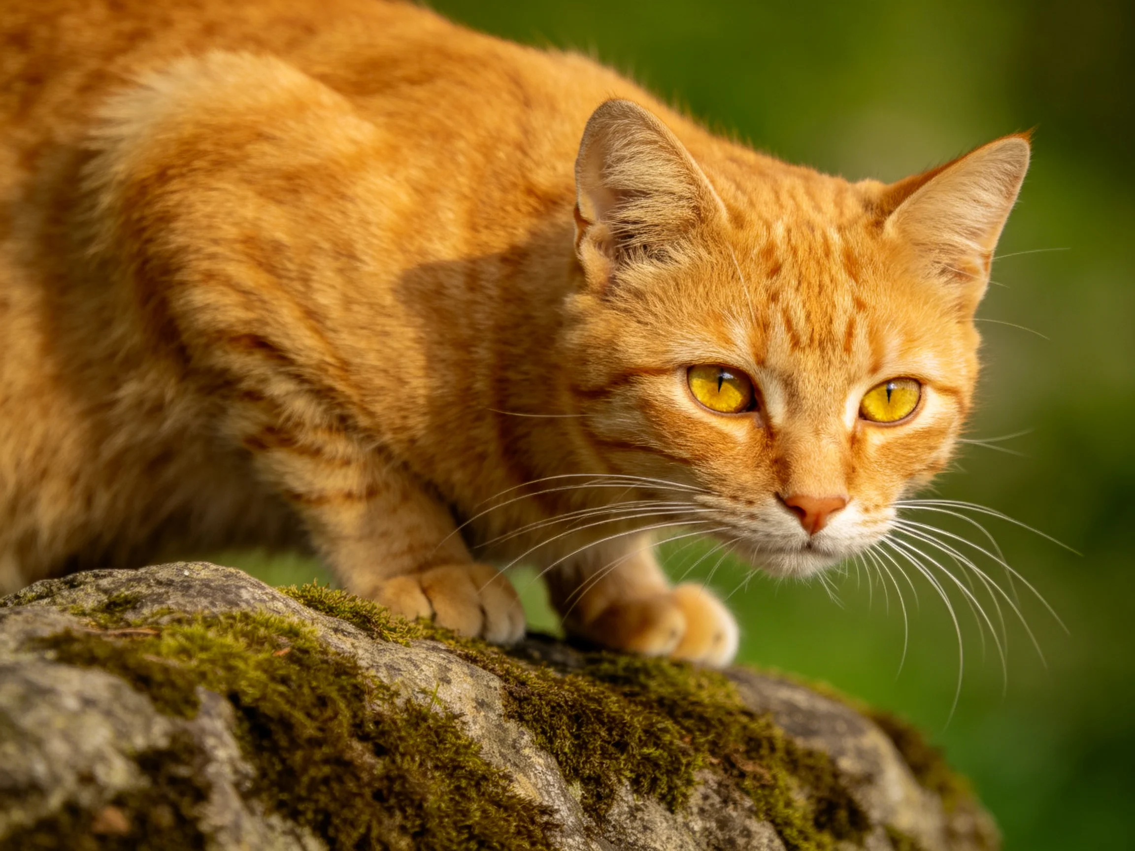 An alert orange tabby cat crouches on a moss-covered stone in soft natural light.