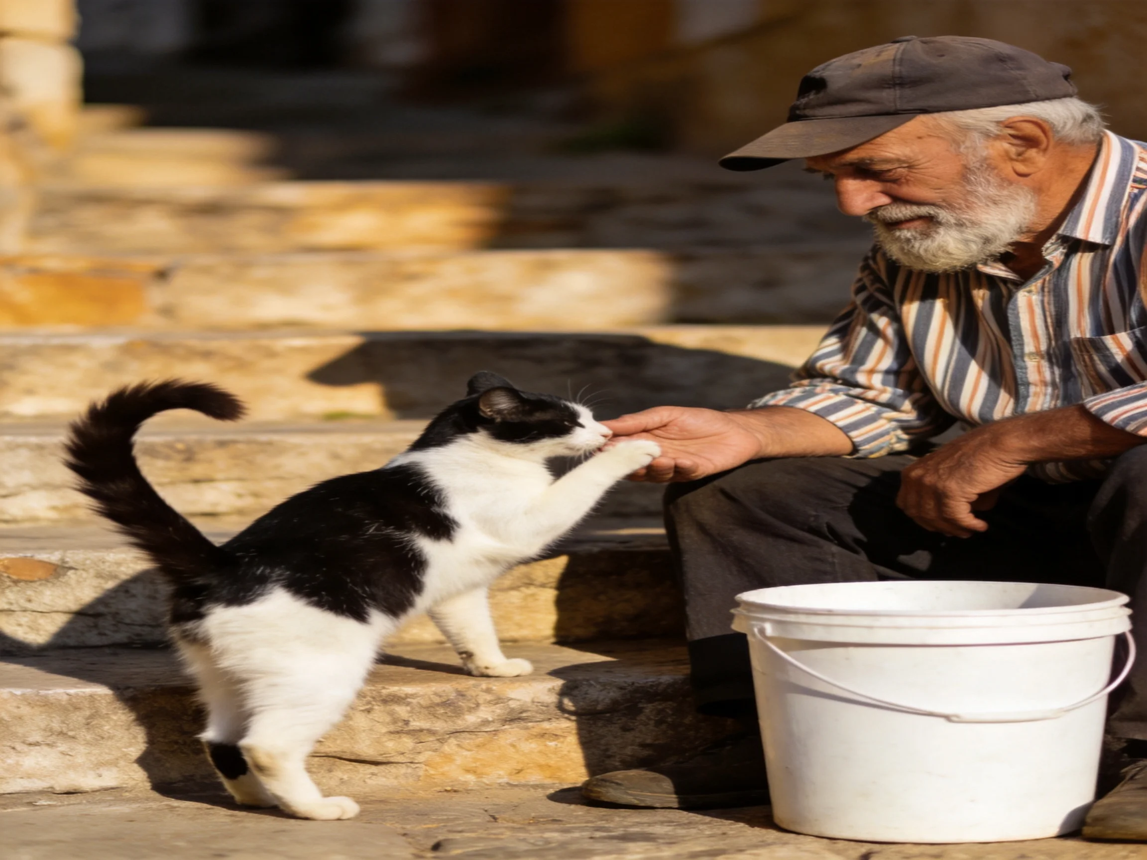 An elderly man interacts with a black - white cat on stone steps with a bucket