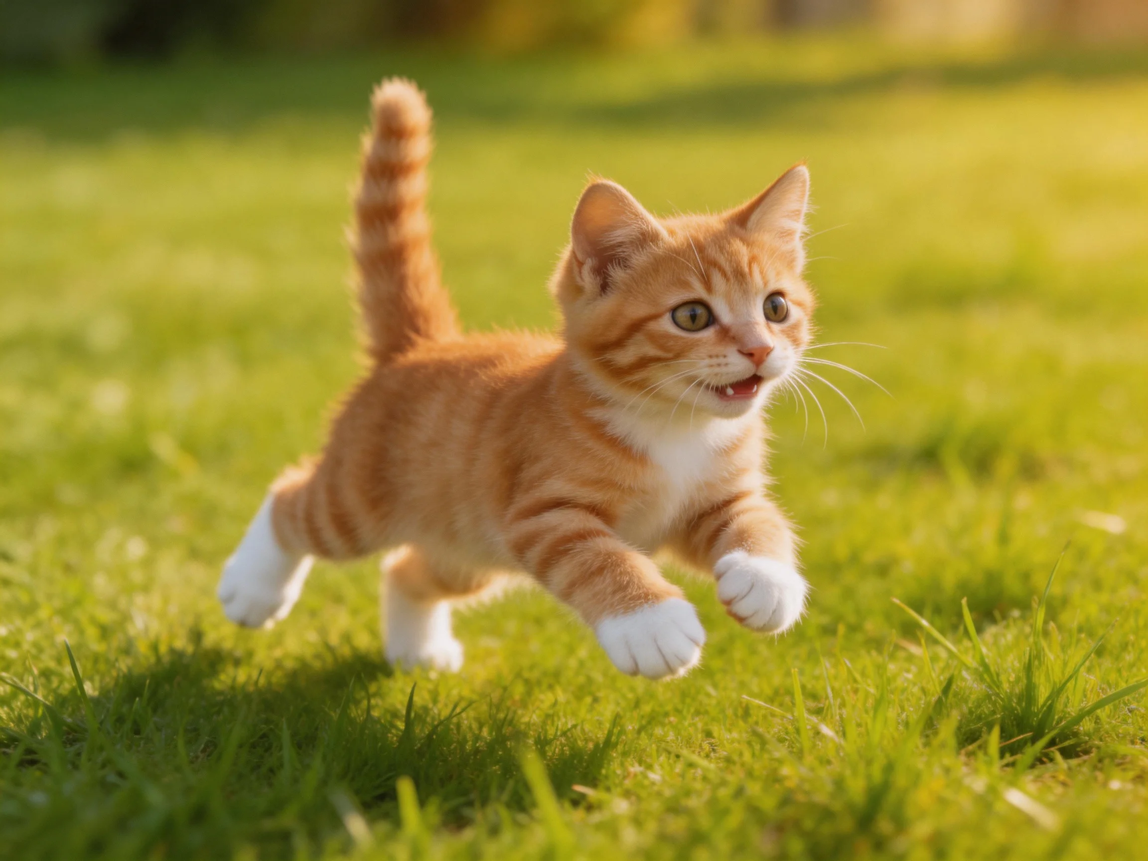 An energetic orange tabby kitten running across bright green grass