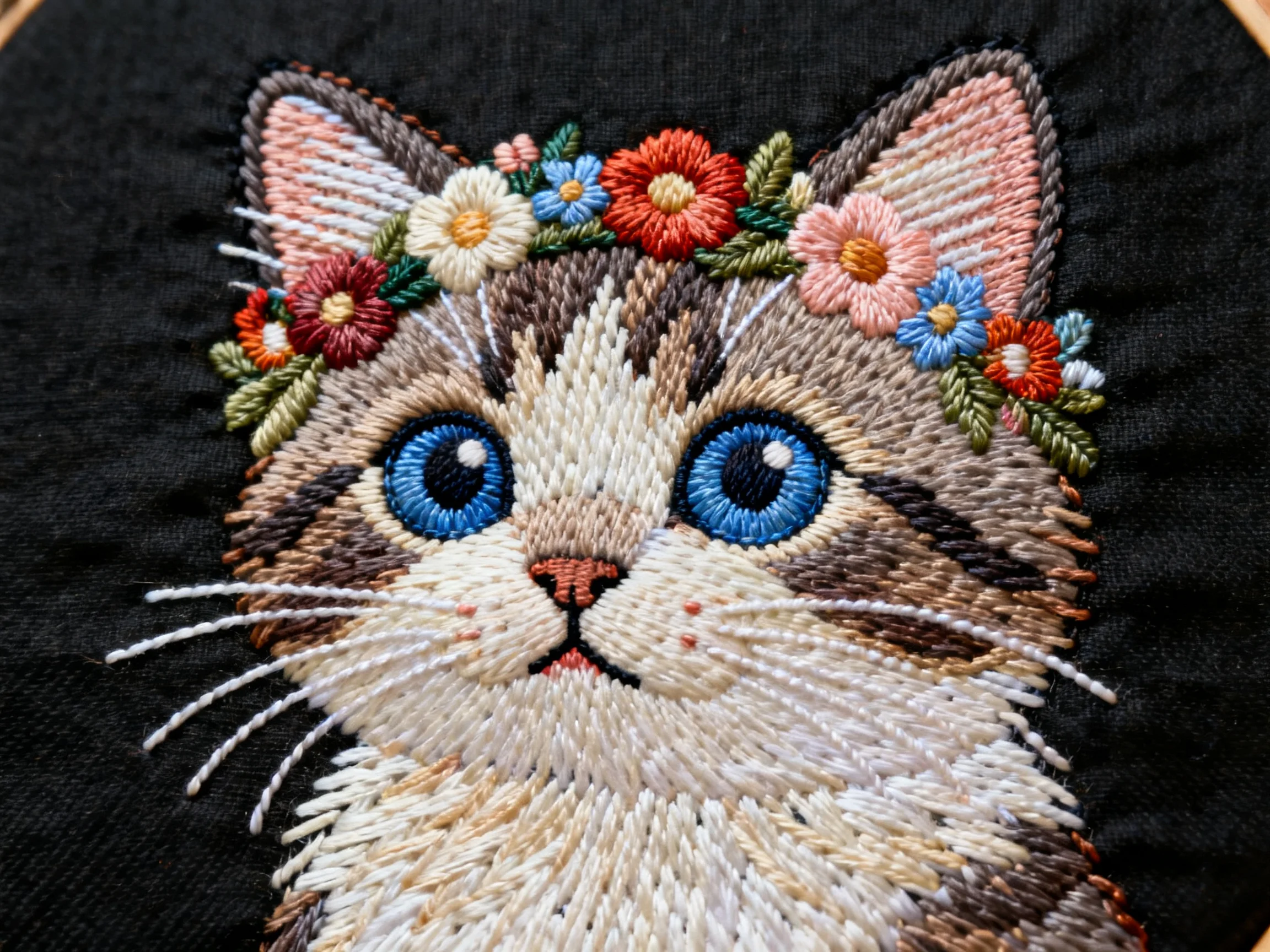 An embroidered cat with a colorful flower crown is depicted.