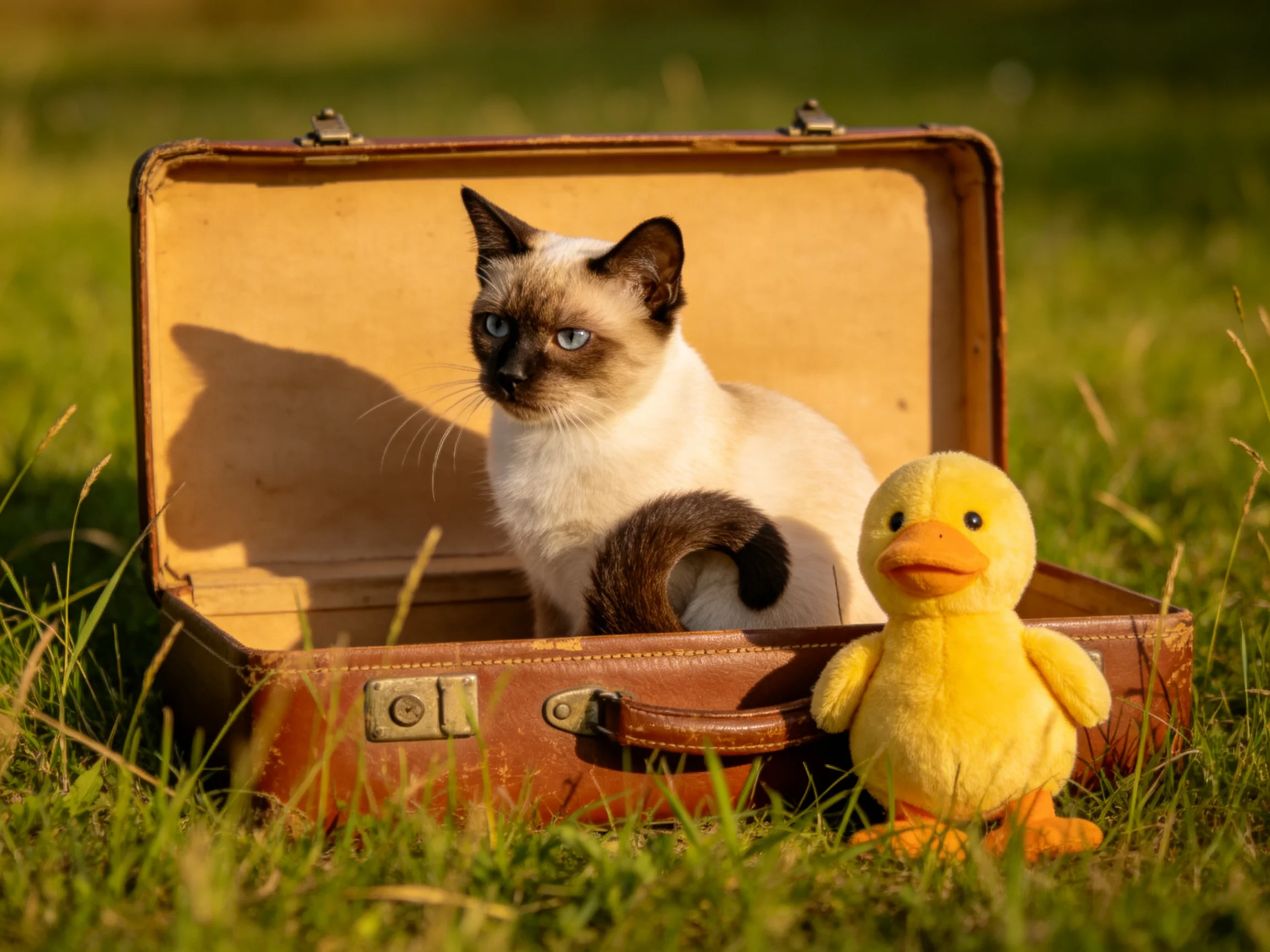 An old brown vintage suitcase holds a Siamese cat and yellow stuffed duck on grass