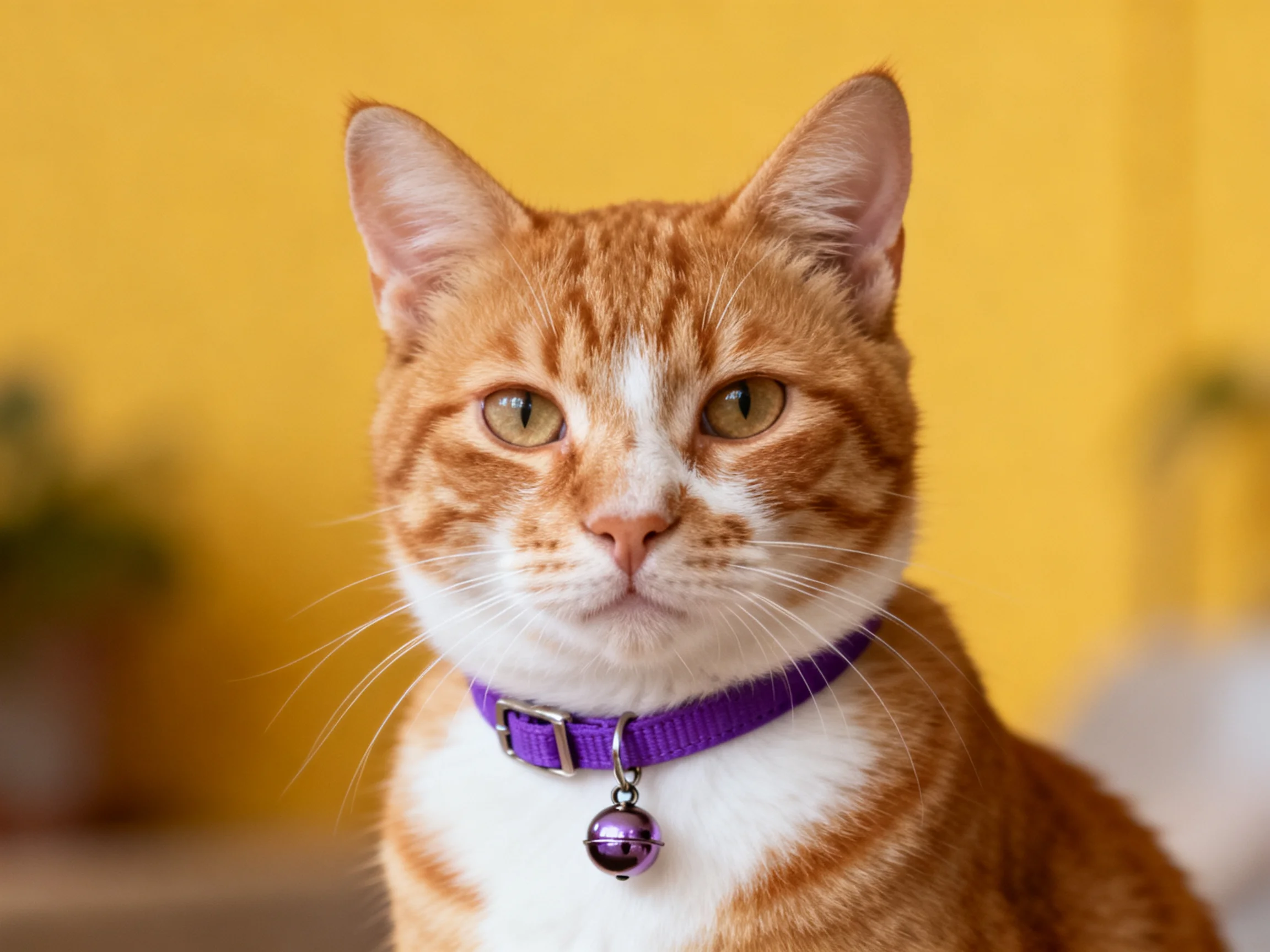 A cat with a purple collar is near a yellow wall.