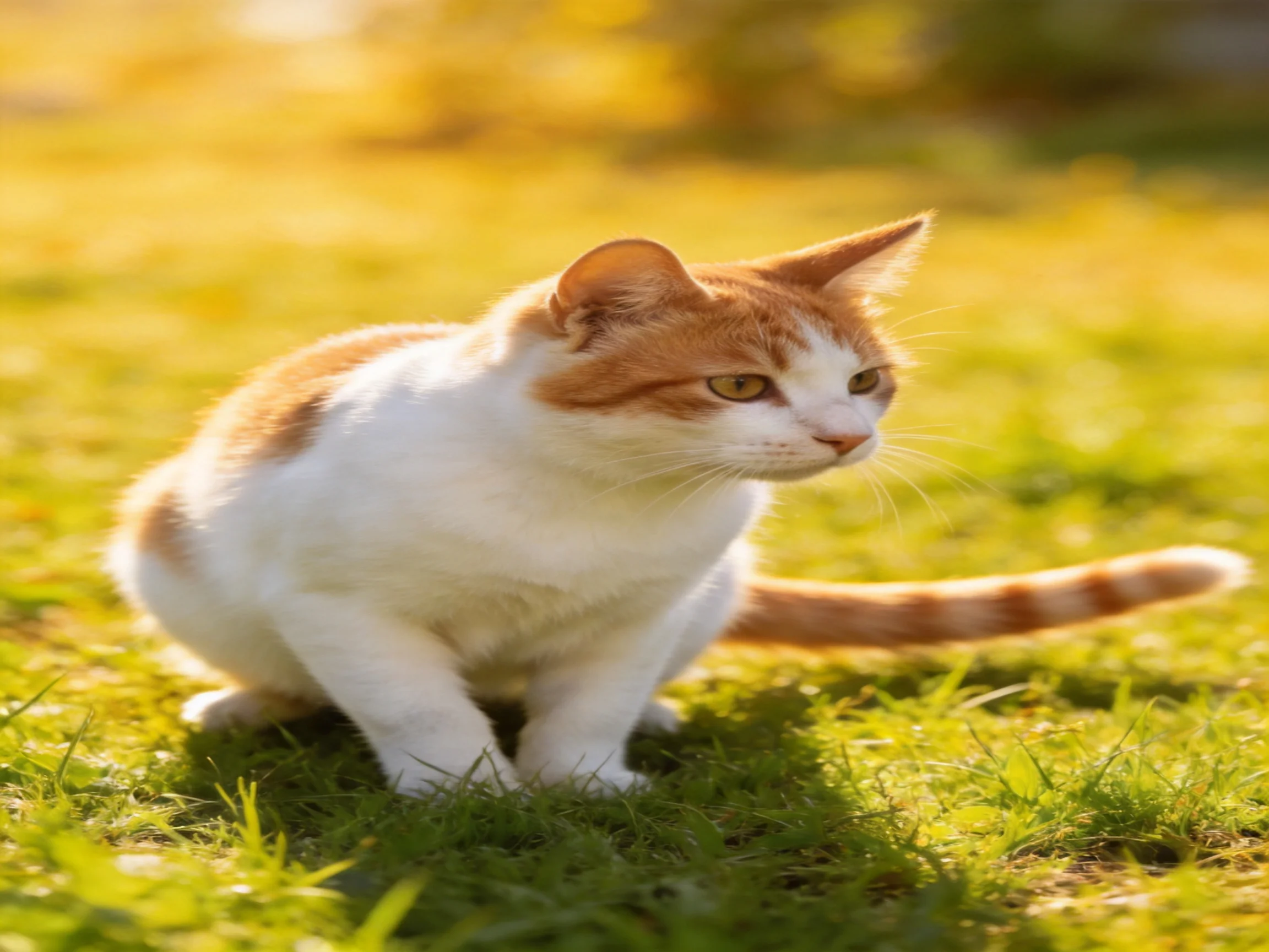 An orange and white cat crouches on sunlit grass