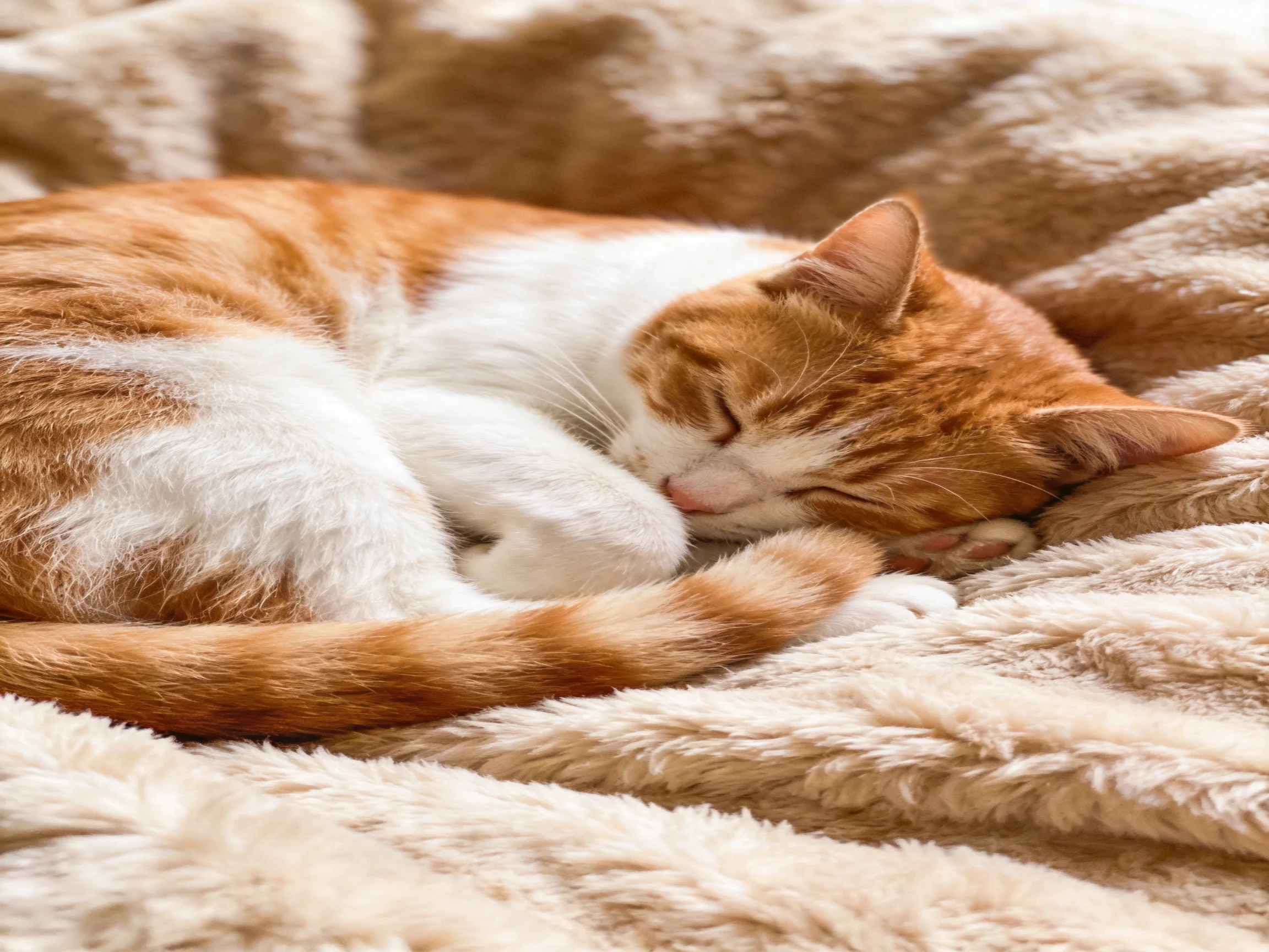An orange and white cat curls up asleep on a plush beige blanket