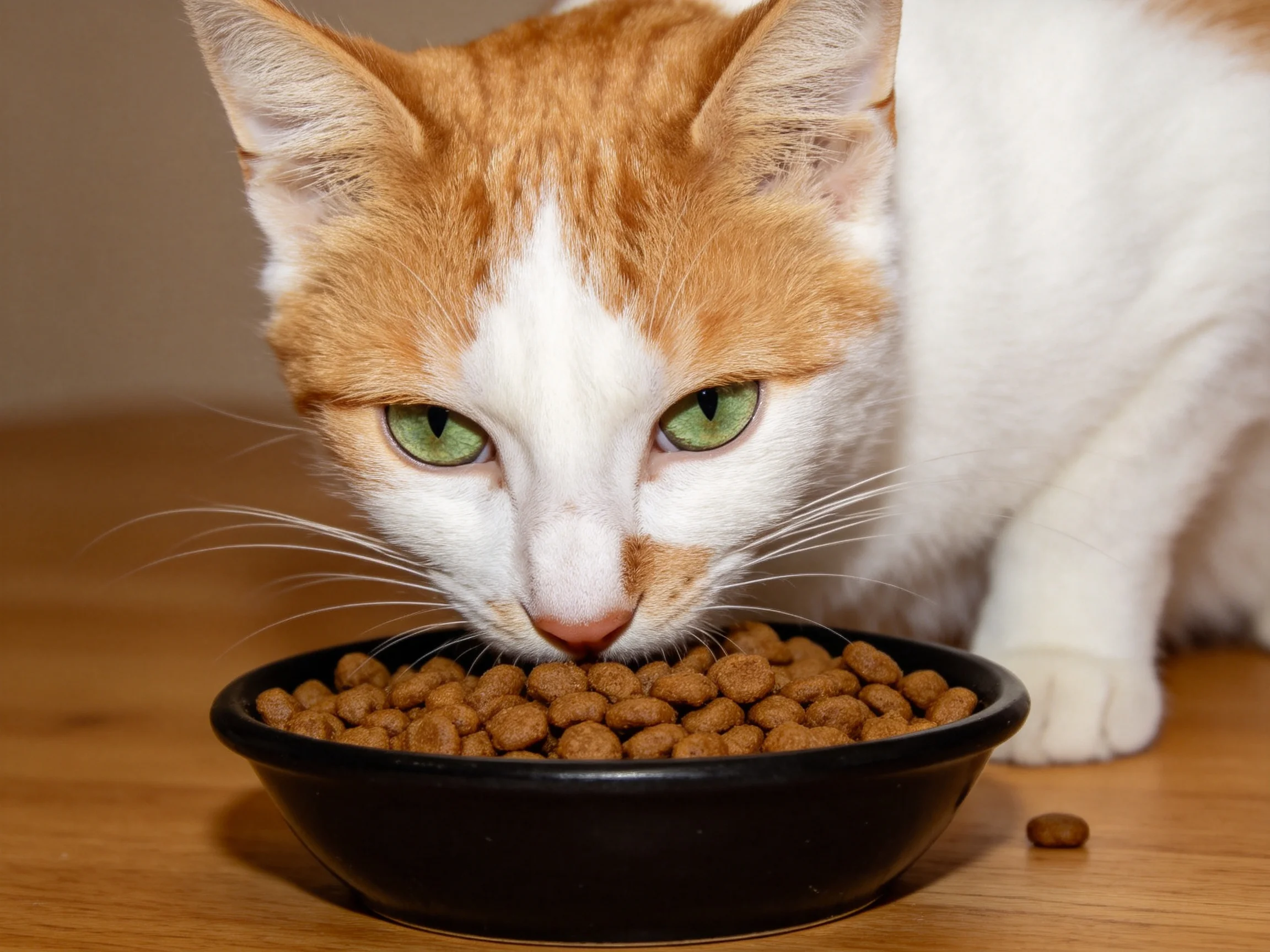 An orange and white cat eats dry kibble from a black bowl on a wooden table
