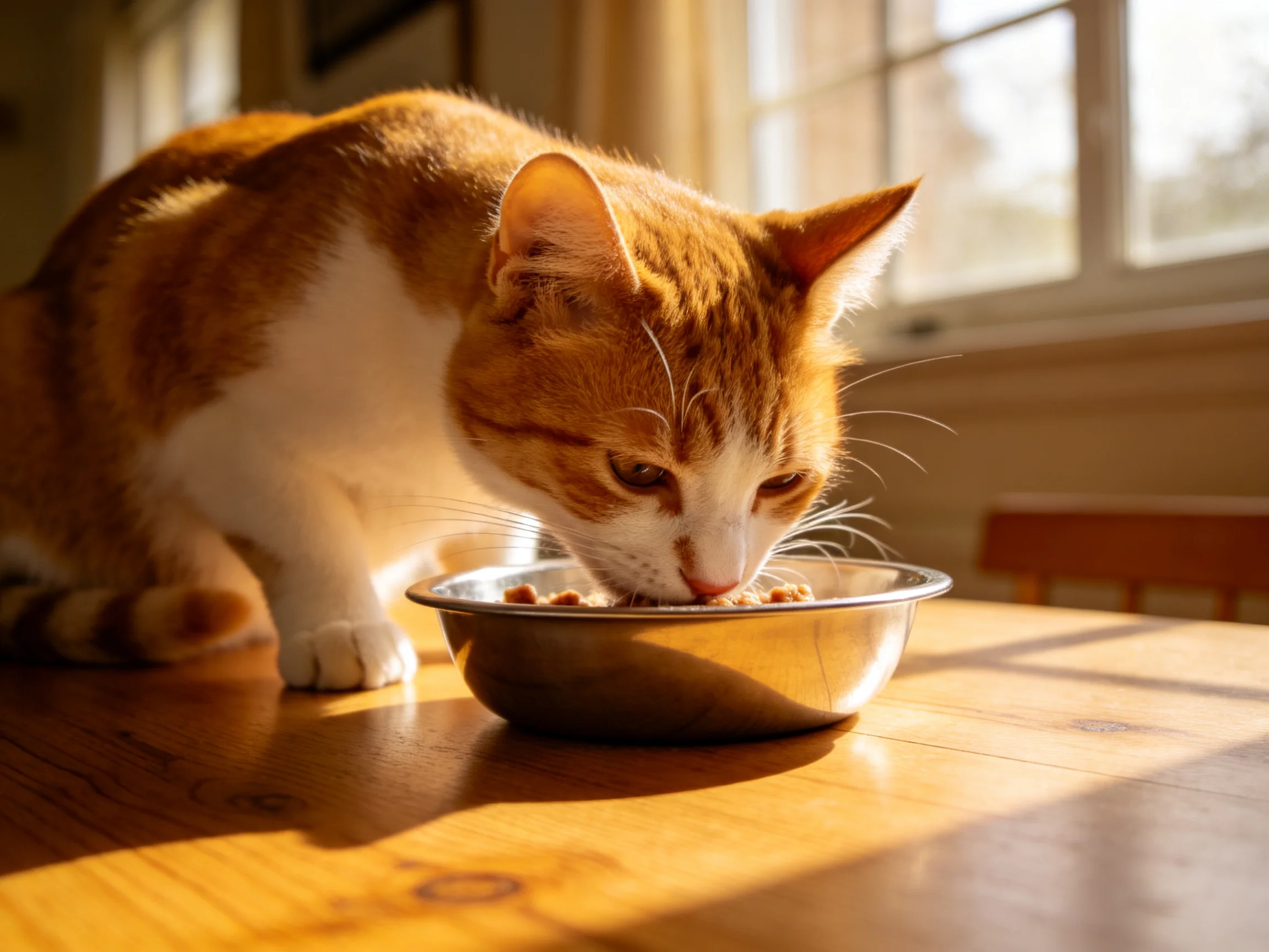 An orange and white cat eats from a metal bowl on a sunlit wooden table