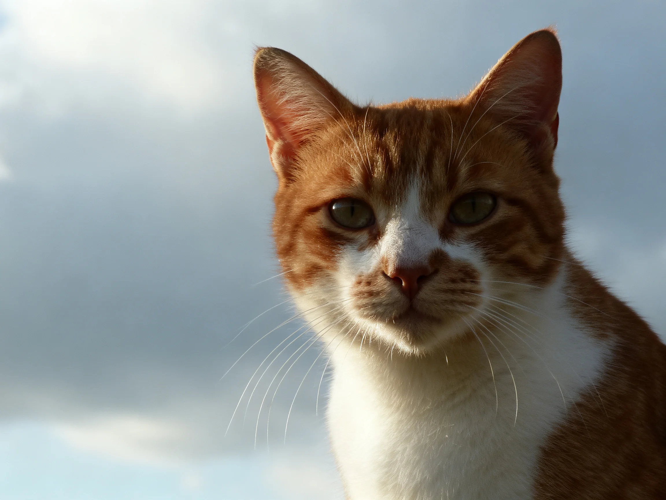 An orange and white cat gazes directly into the camera with a cloudy sky backdrop