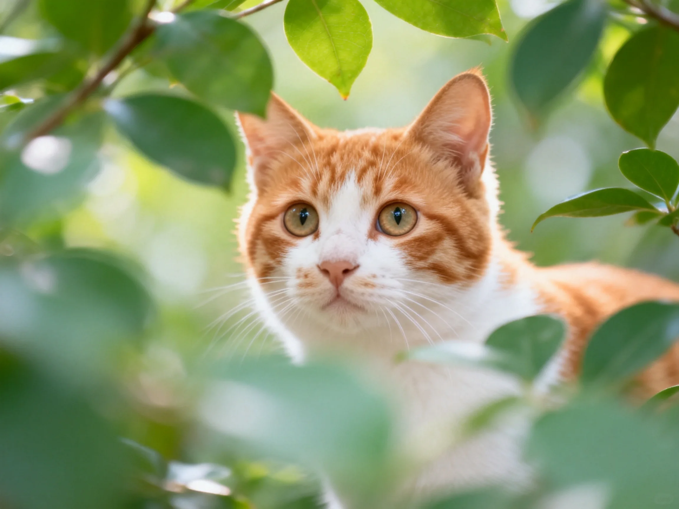 An orange and white cat hides among lush green foliage