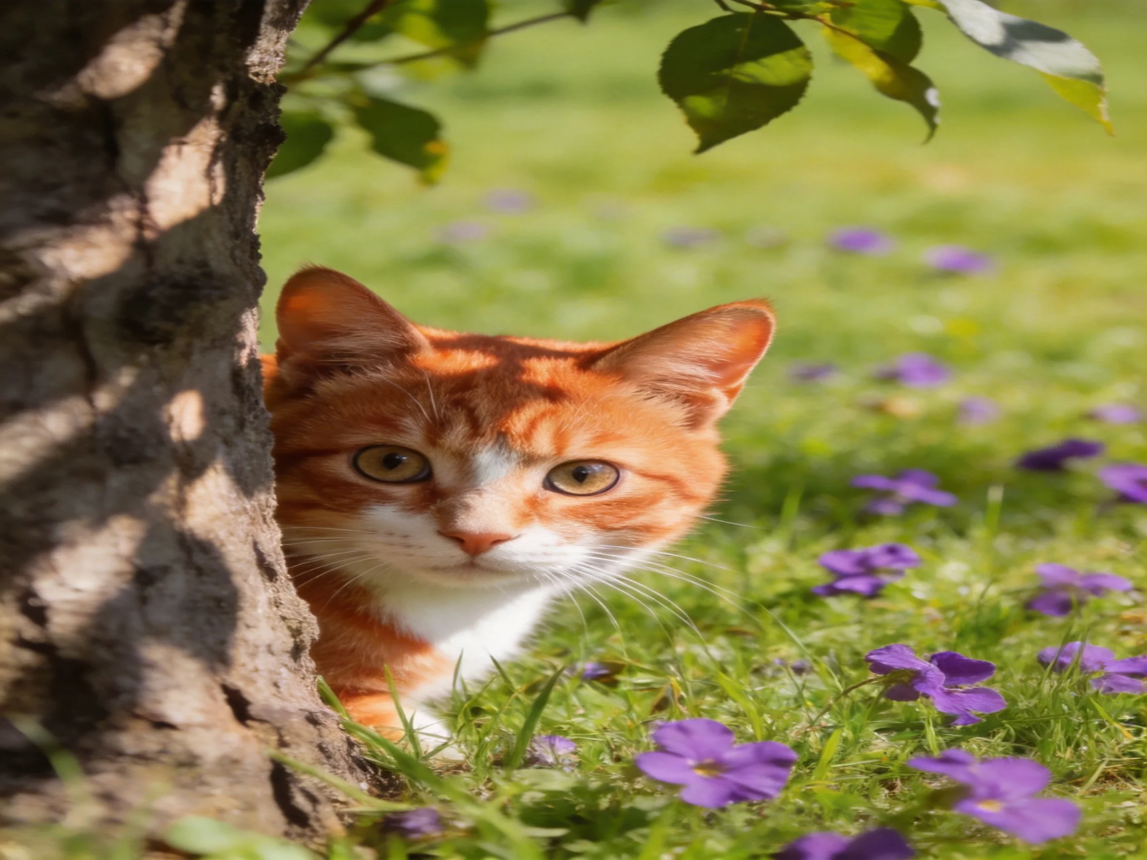 An orange and white cat hides behind a tree amid purple flowers