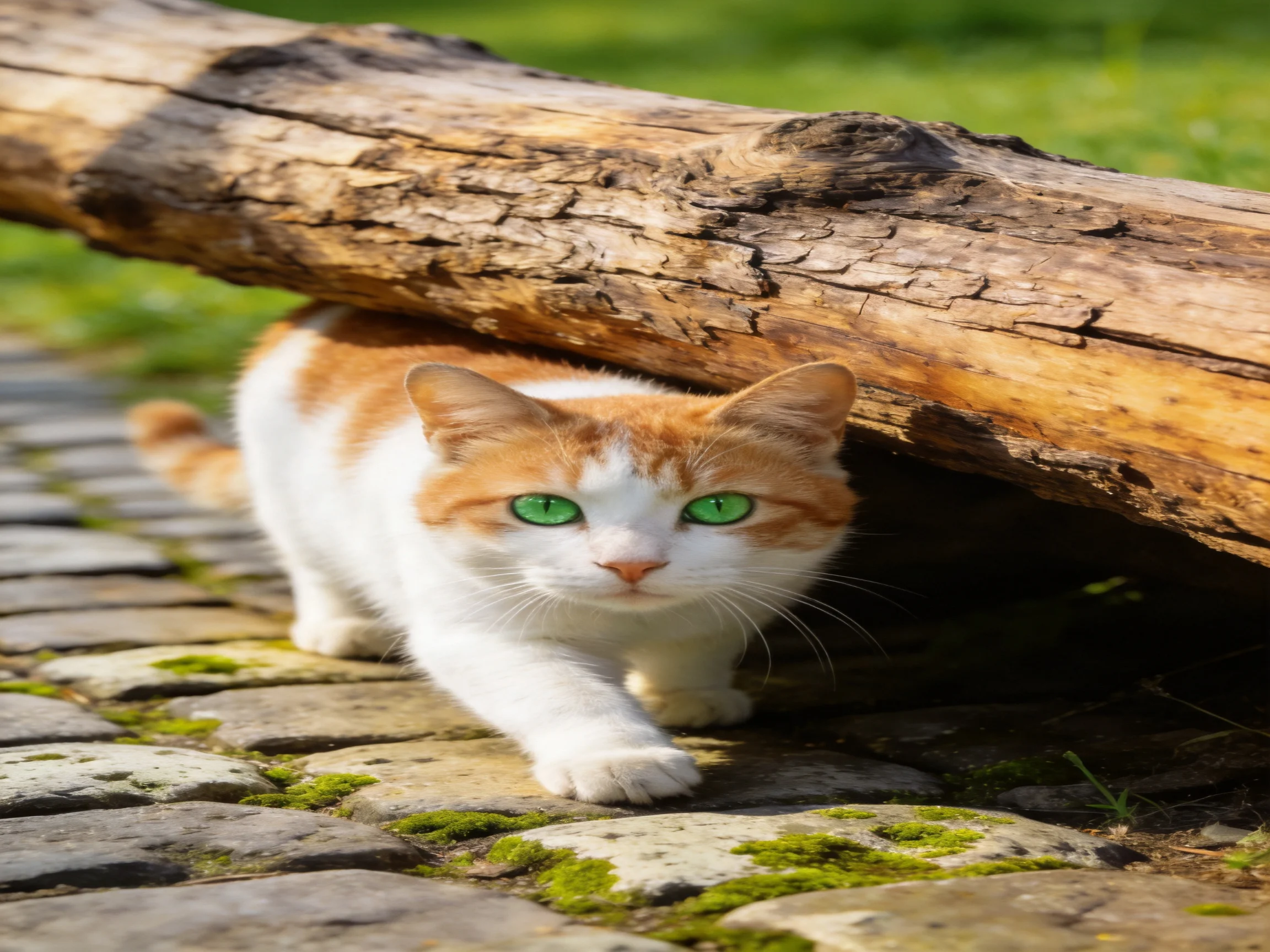 An orange and white cat hides under a large log on mossy cobblestones