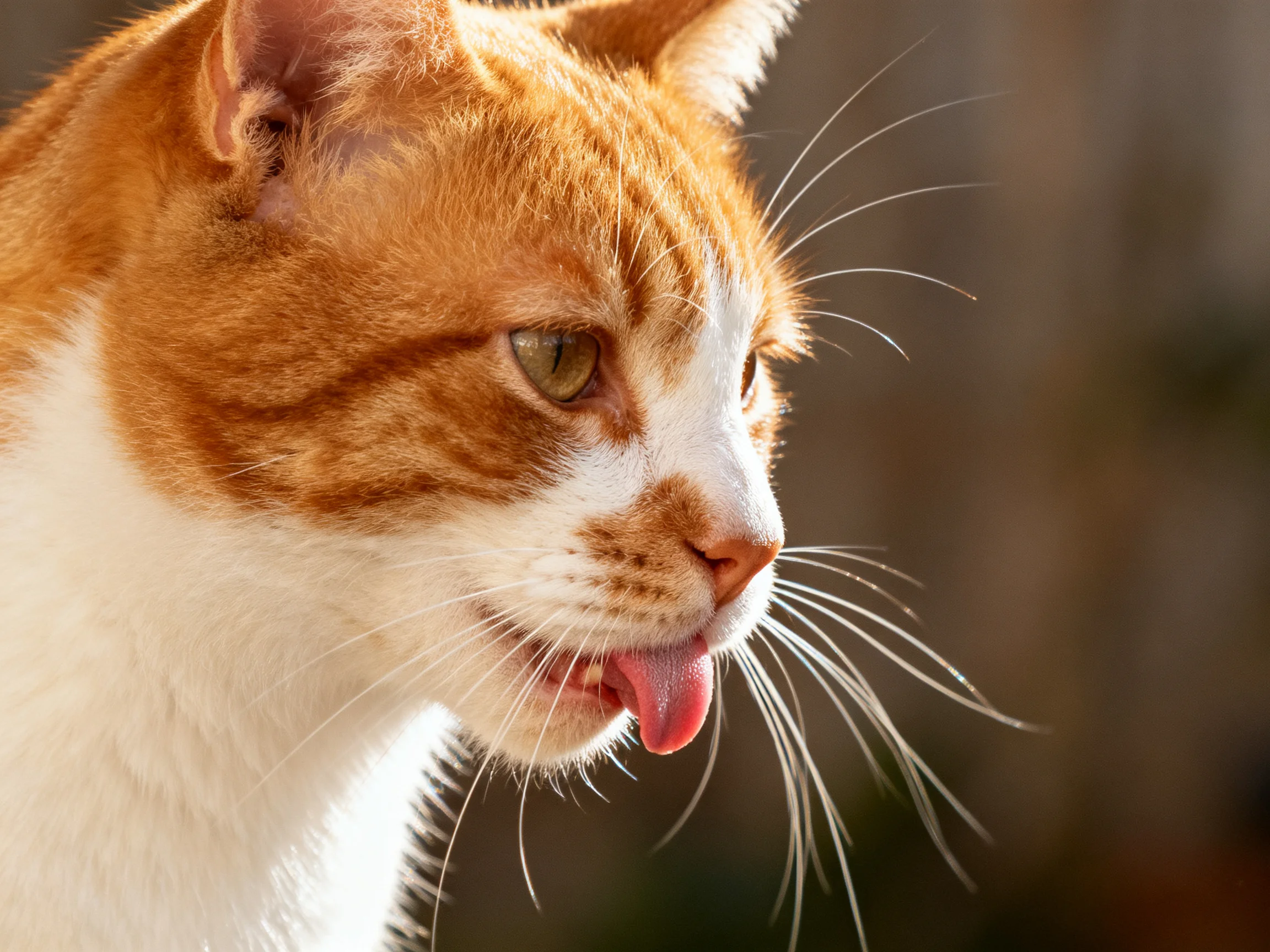 An orange and white cat licks its tongue in soft natural light