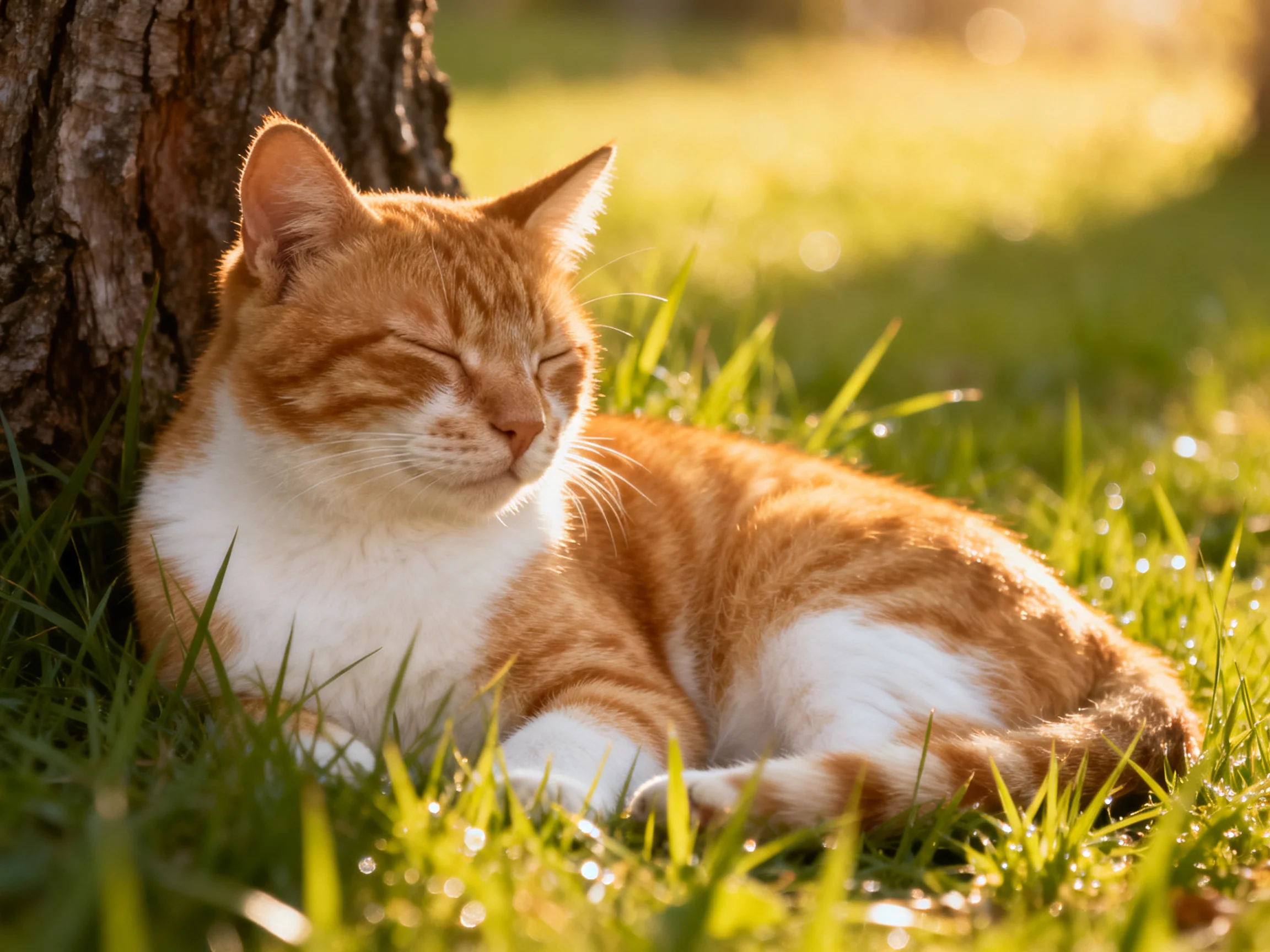 An orange and white cat rests near a tree in sunlit grass