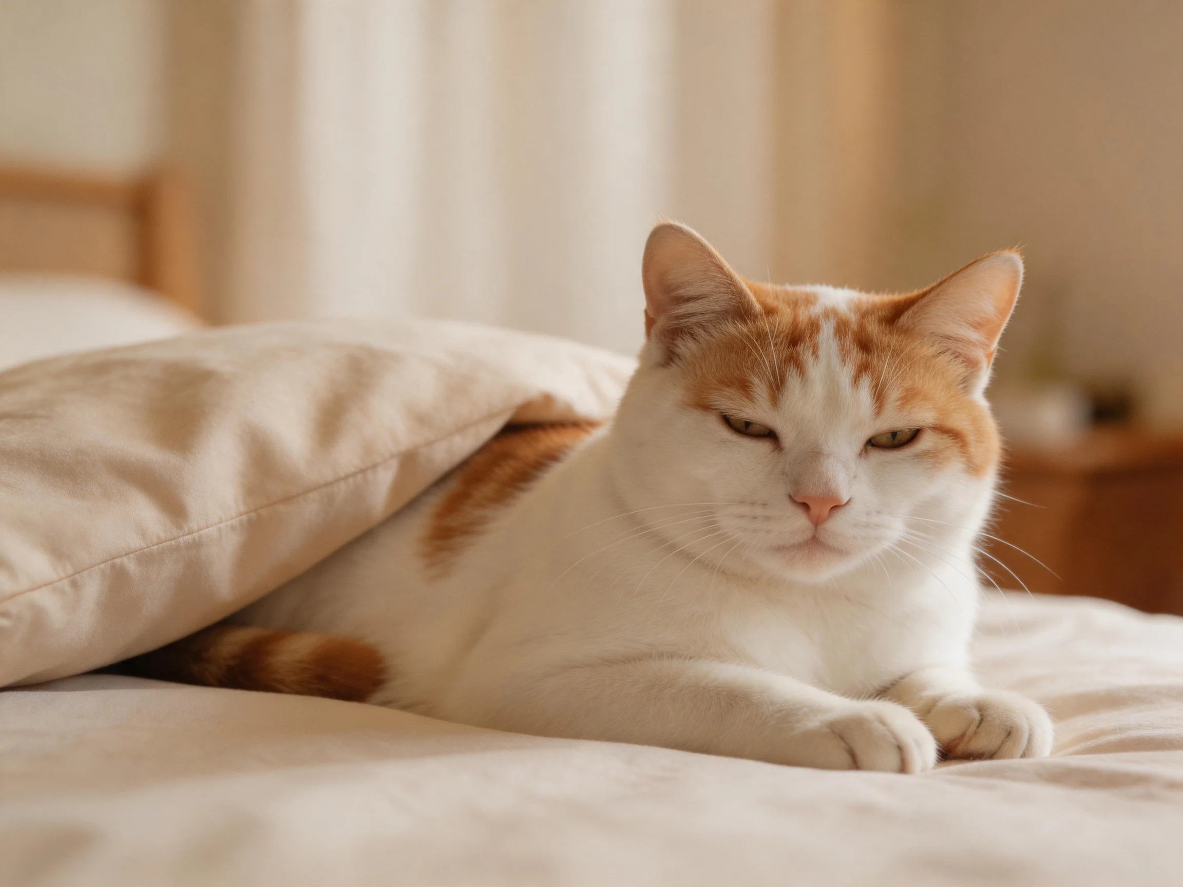 An orange and white cat relaxes on a bed with pillows.