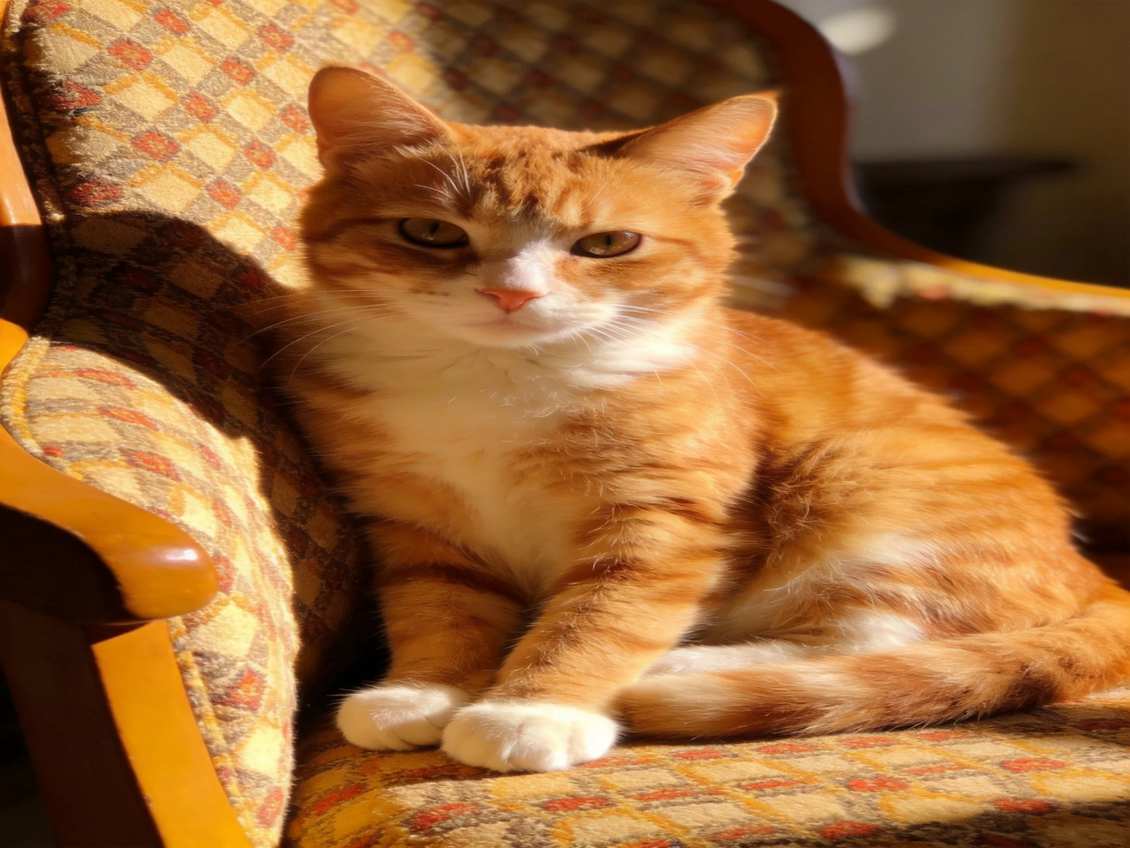 An orange and white cat sits calmly on a patterned armchair in bright sunlight.