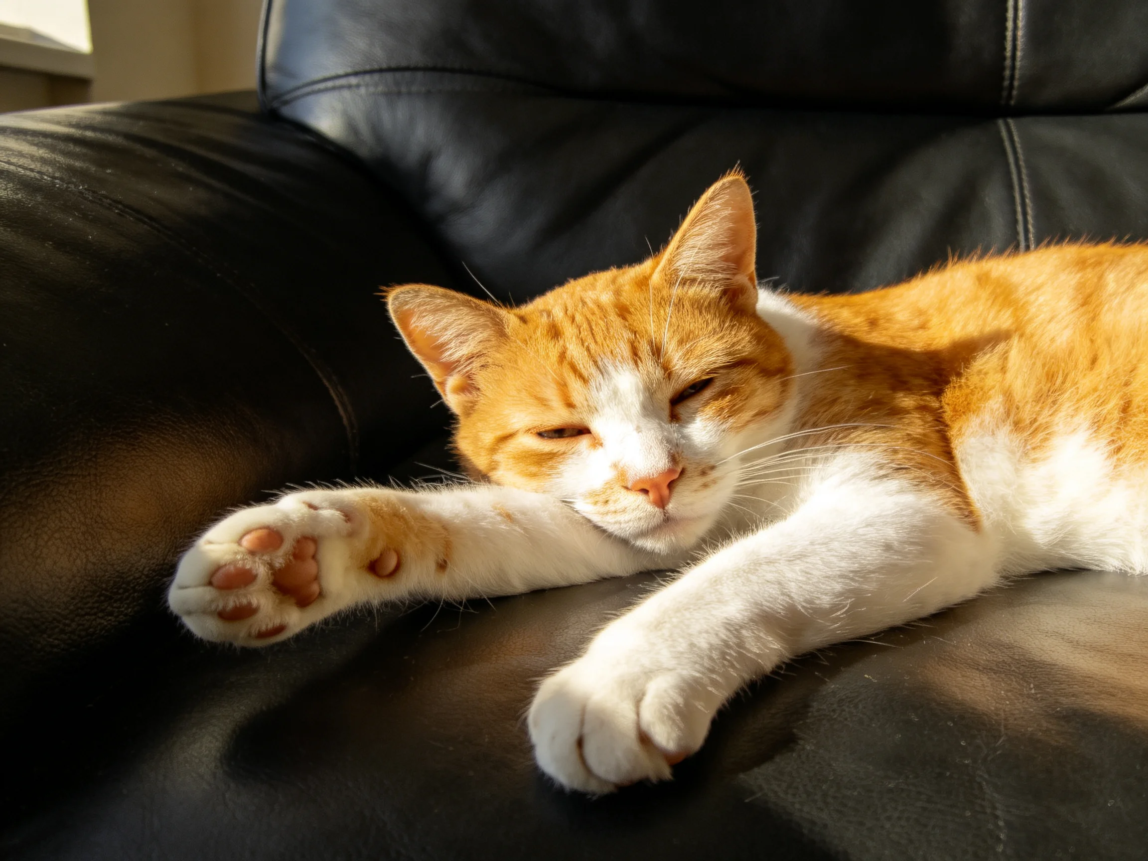 An orange and white cat relaxes on a black leather couch in sunlight.