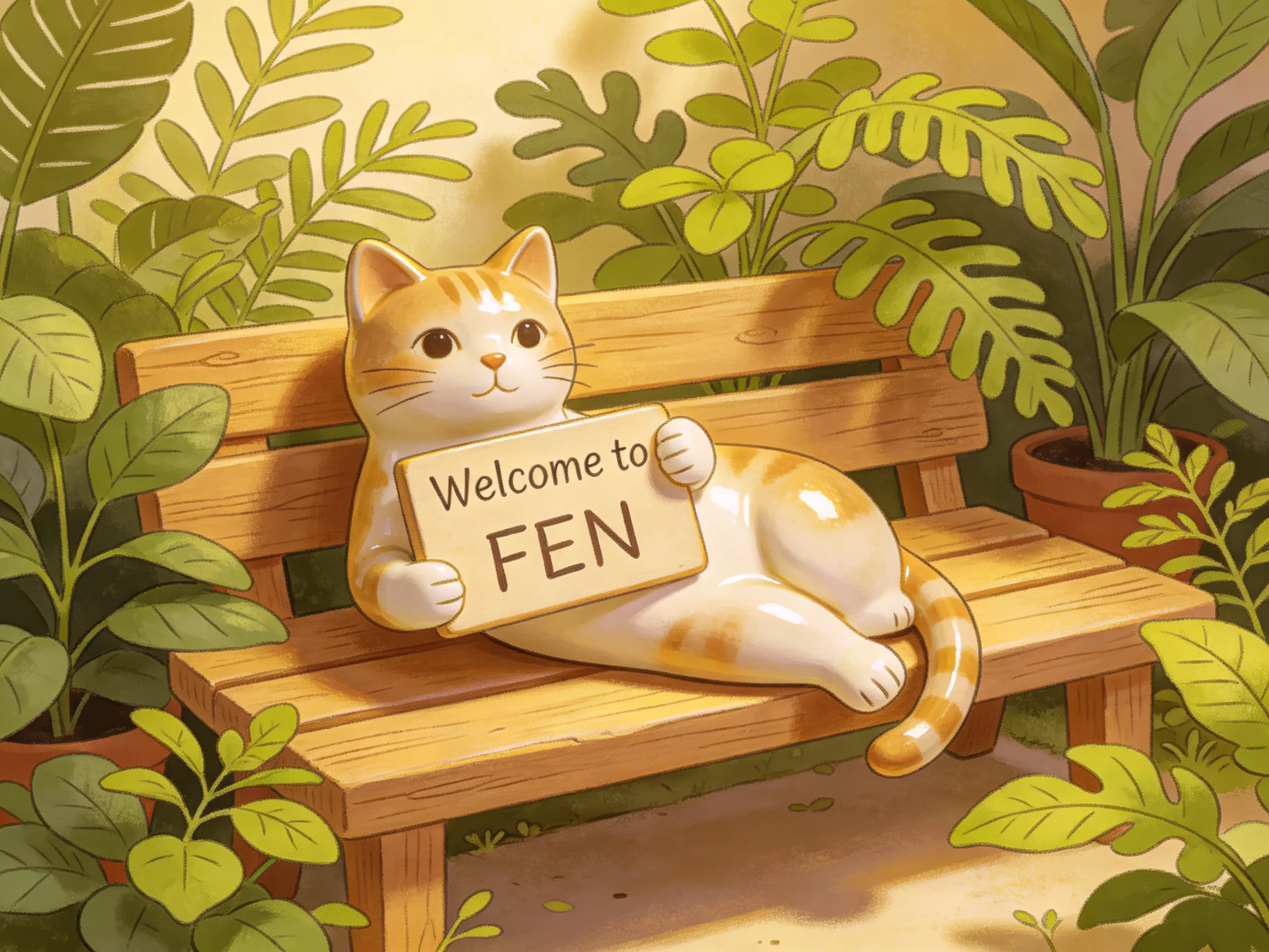 A cat sits on a bench surrounded by plants, holding a welcome sign