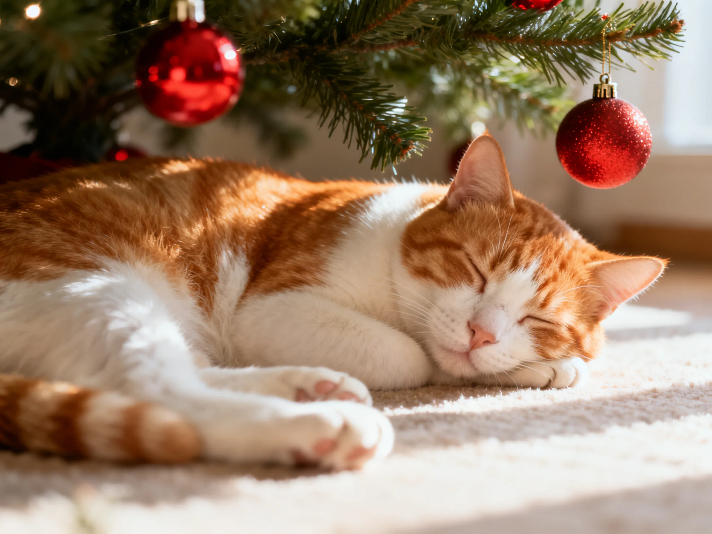 An orange and white cat naps beneath a Christmas tree with red baubles