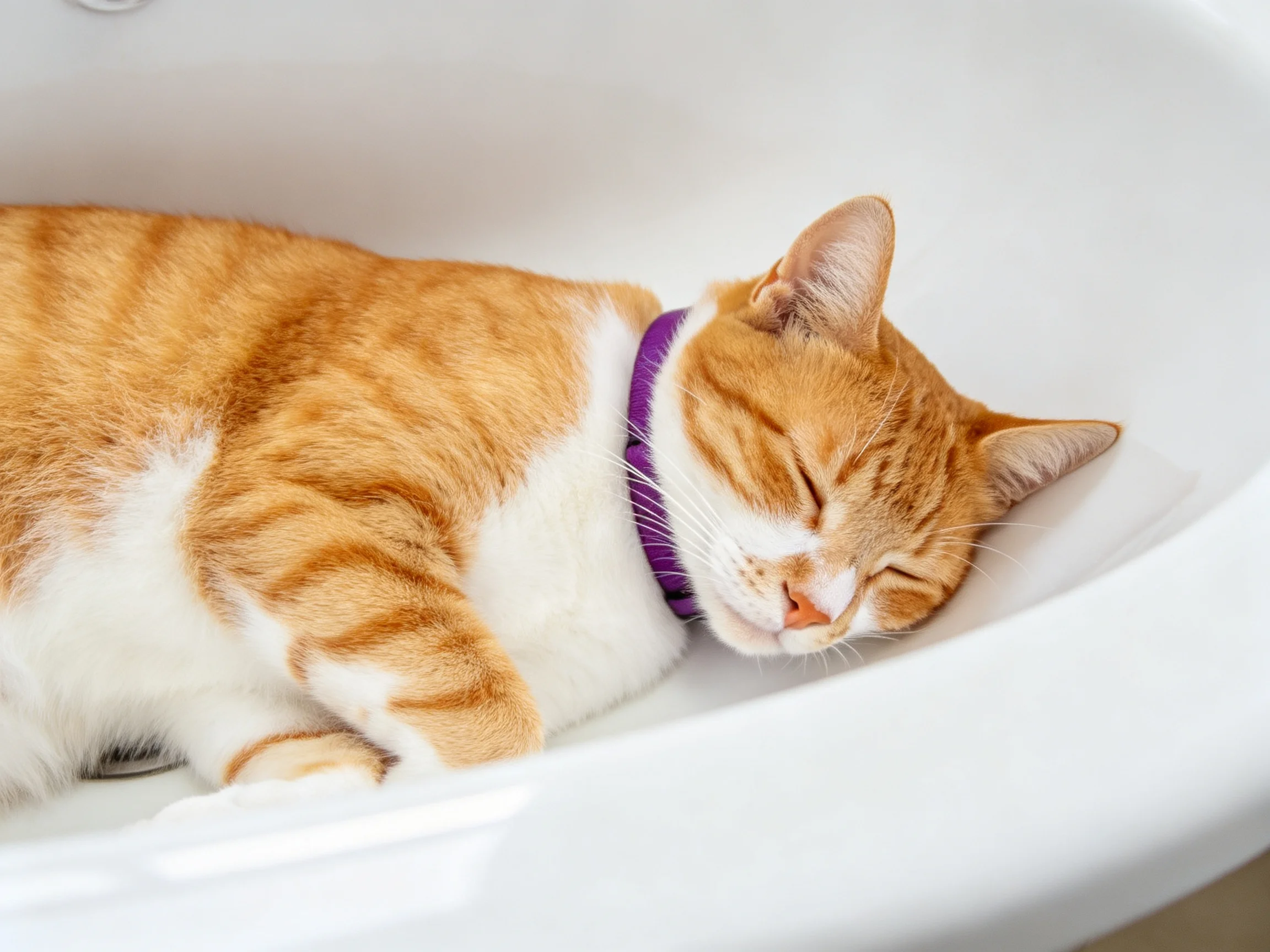 An orange and white cat naps in a white sink with a purple collar