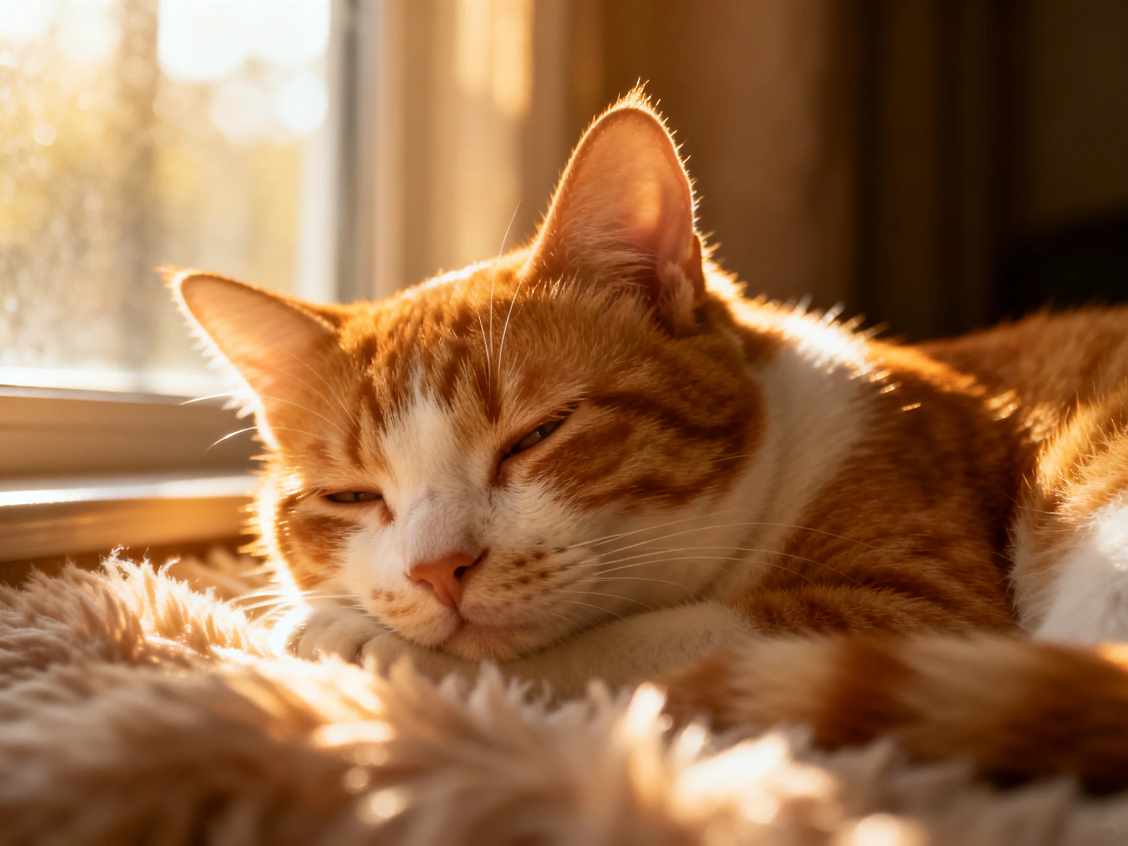 An orange and white cat naps on a fluffy rug near a sunlit window