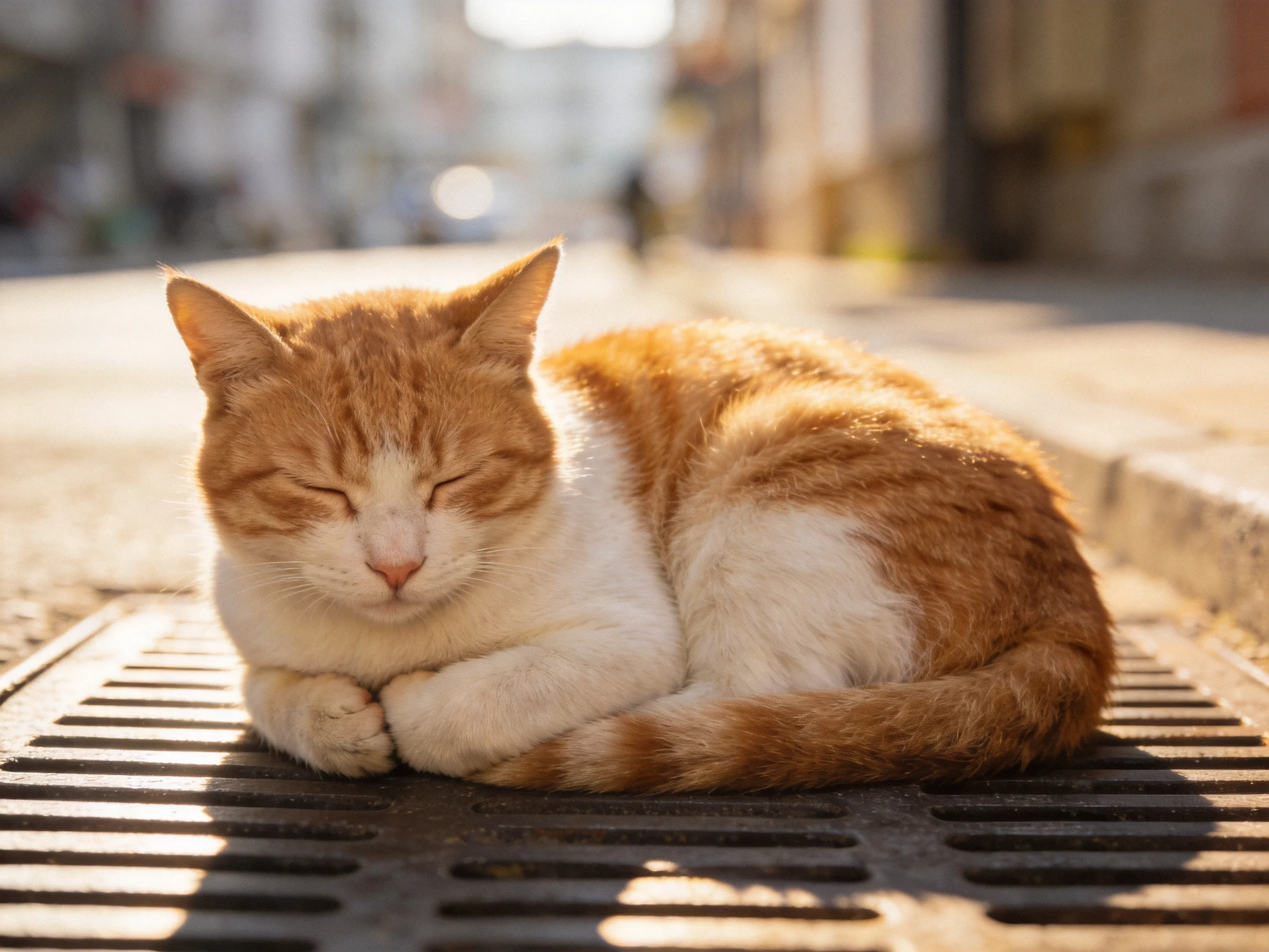 An orange and white cat naps on a metal grate under bright sunlight