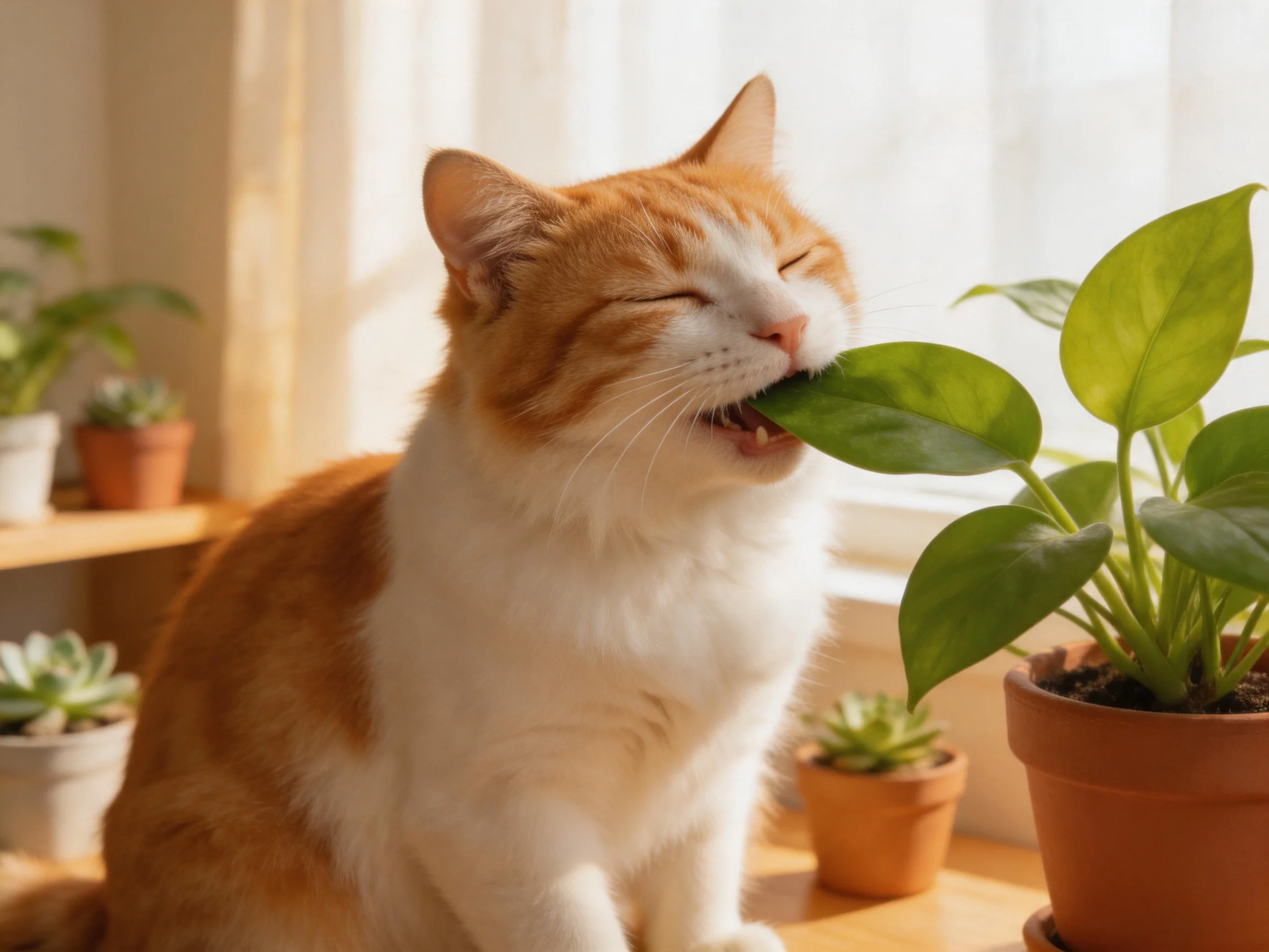 An orange-and-white cat nibbles a leaf near terracotta pots and succulents