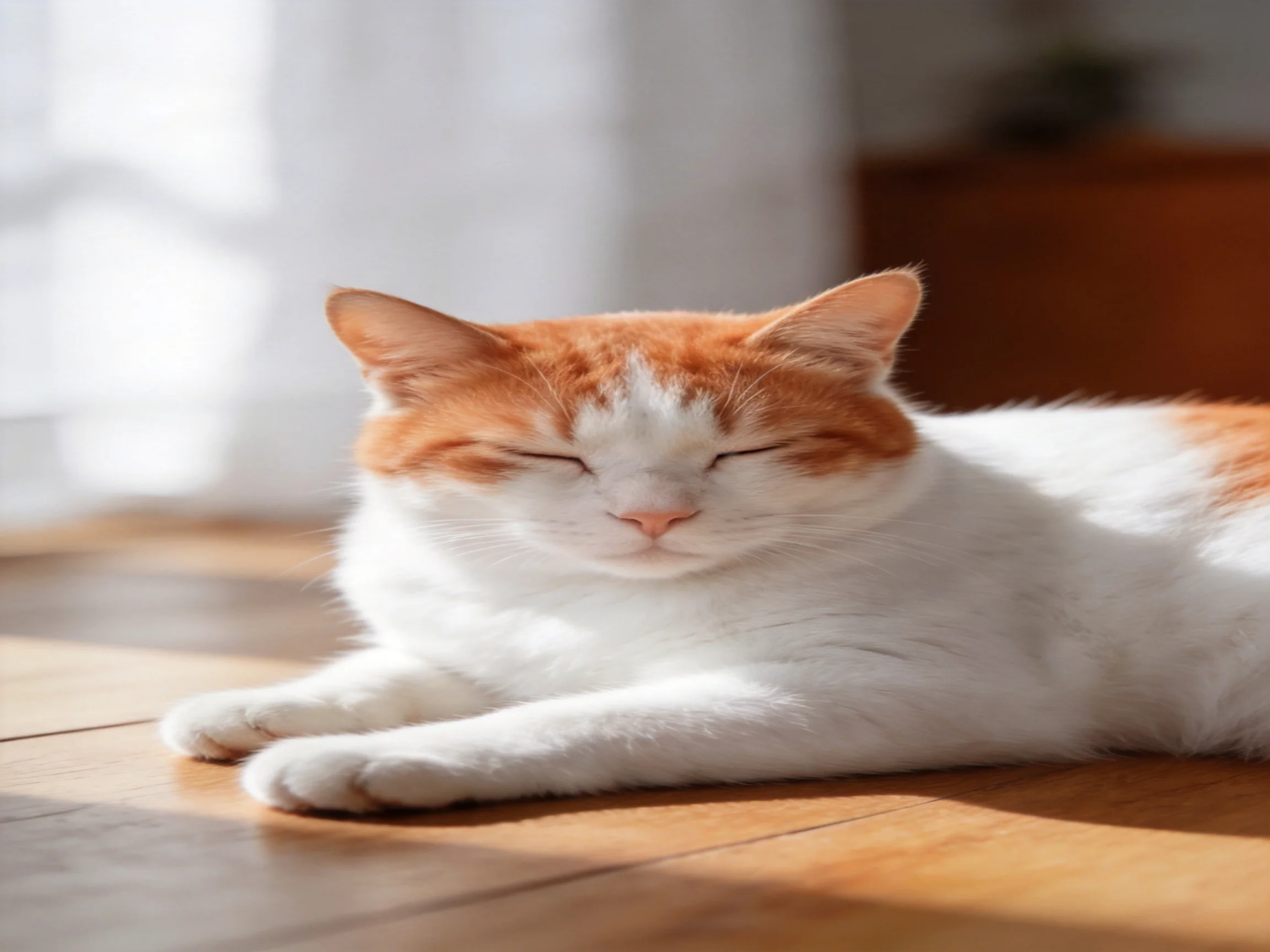 An orange-and-white cat peacefully resting on a sunlit wooden floor