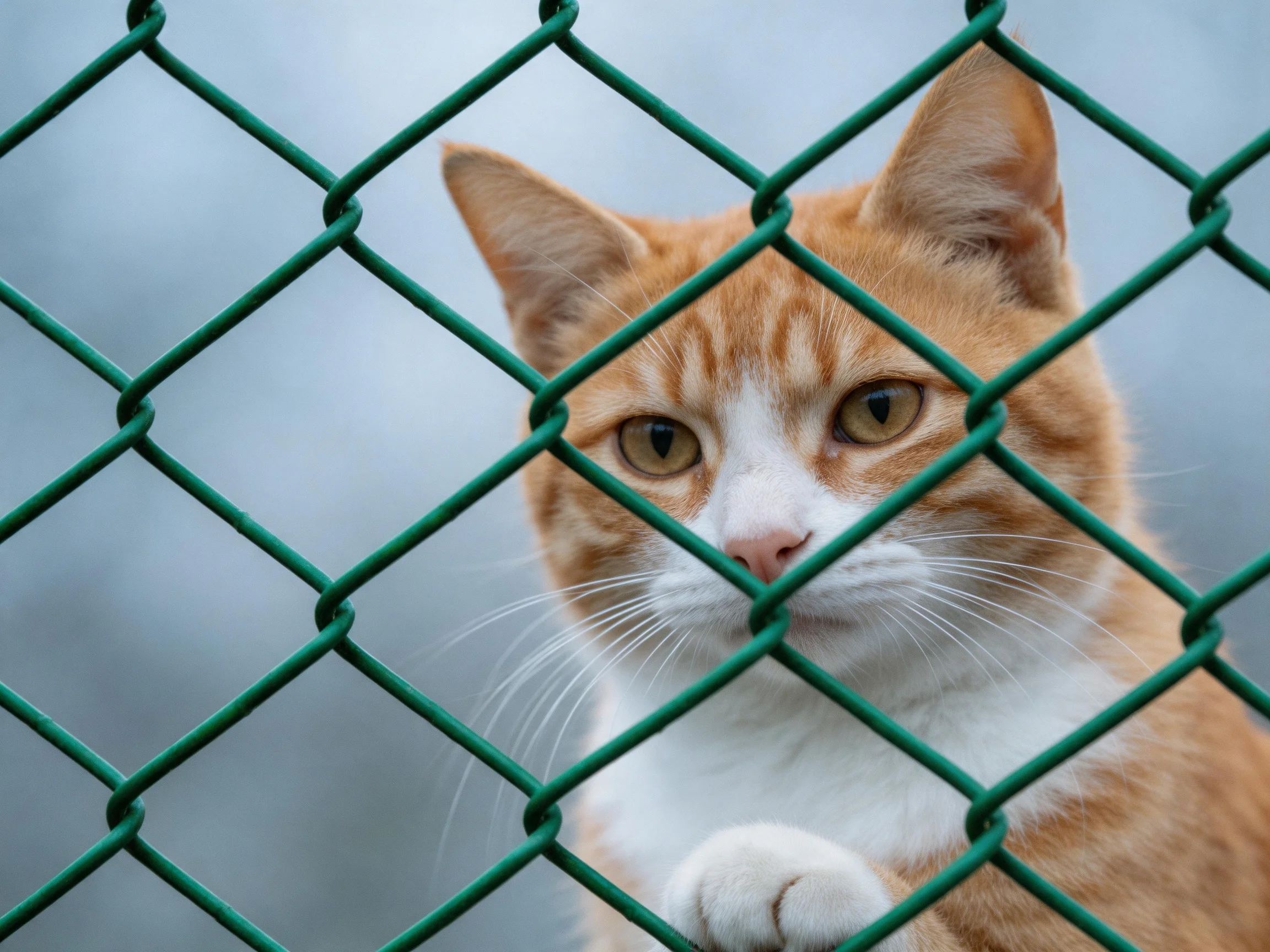 An orange and white cat peeks through a green chain-link fence