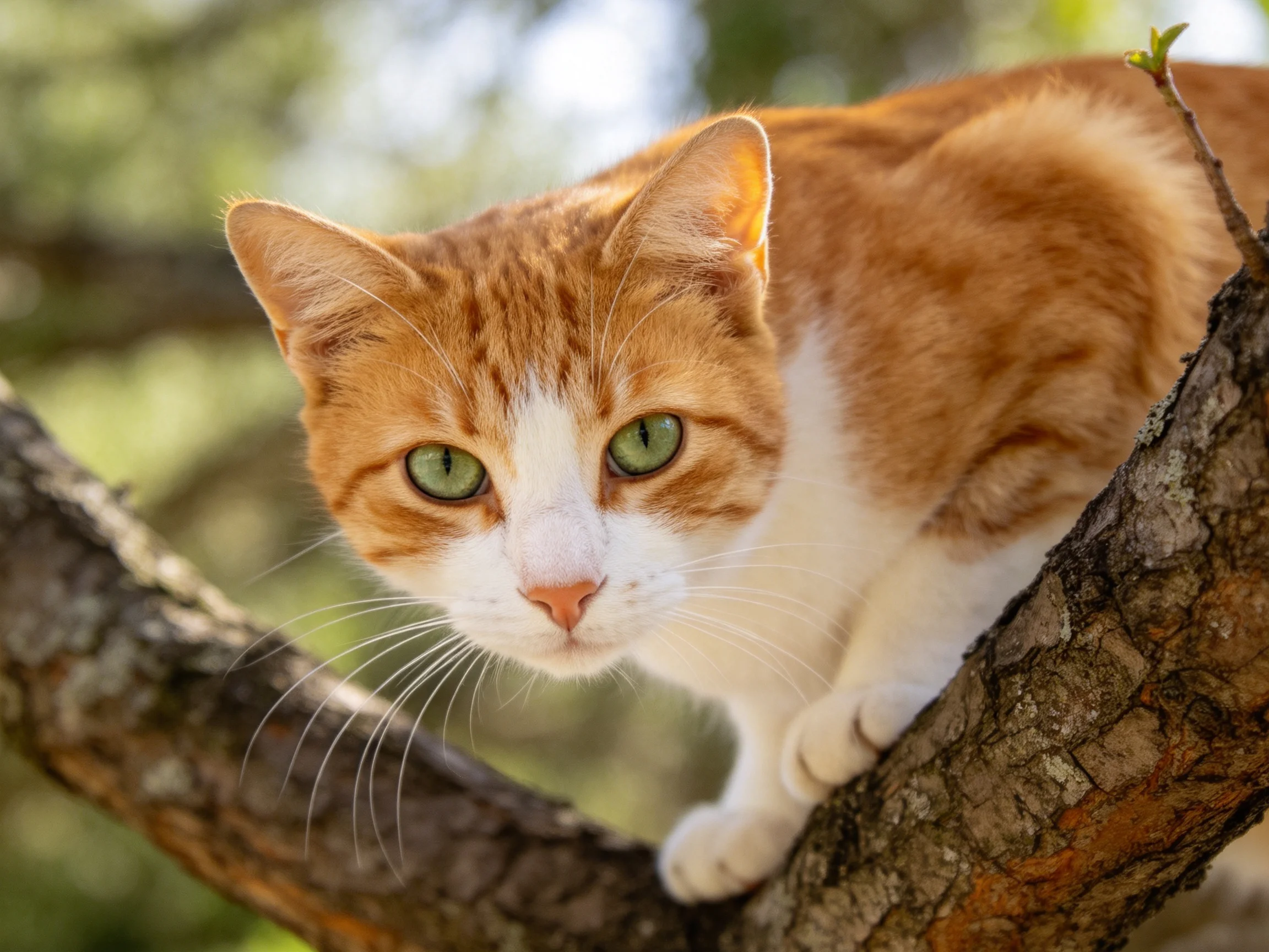 An orange and white cat perches on a tree branch in a sunlit environment.
