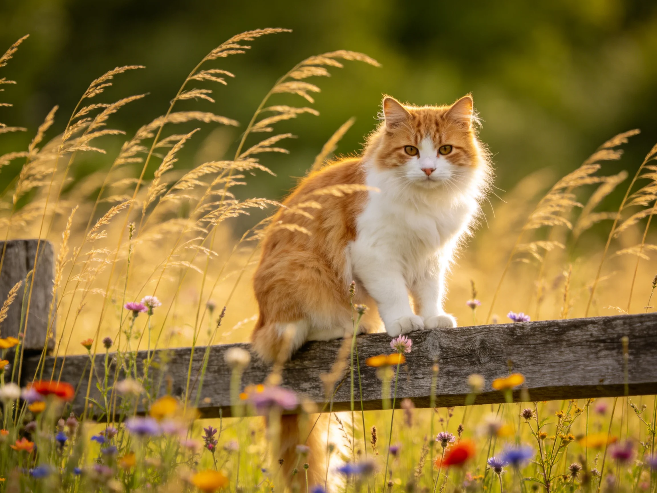 An orange-and-white cat sits atop a weathered wooden fence among wildflowers and tall grass.
