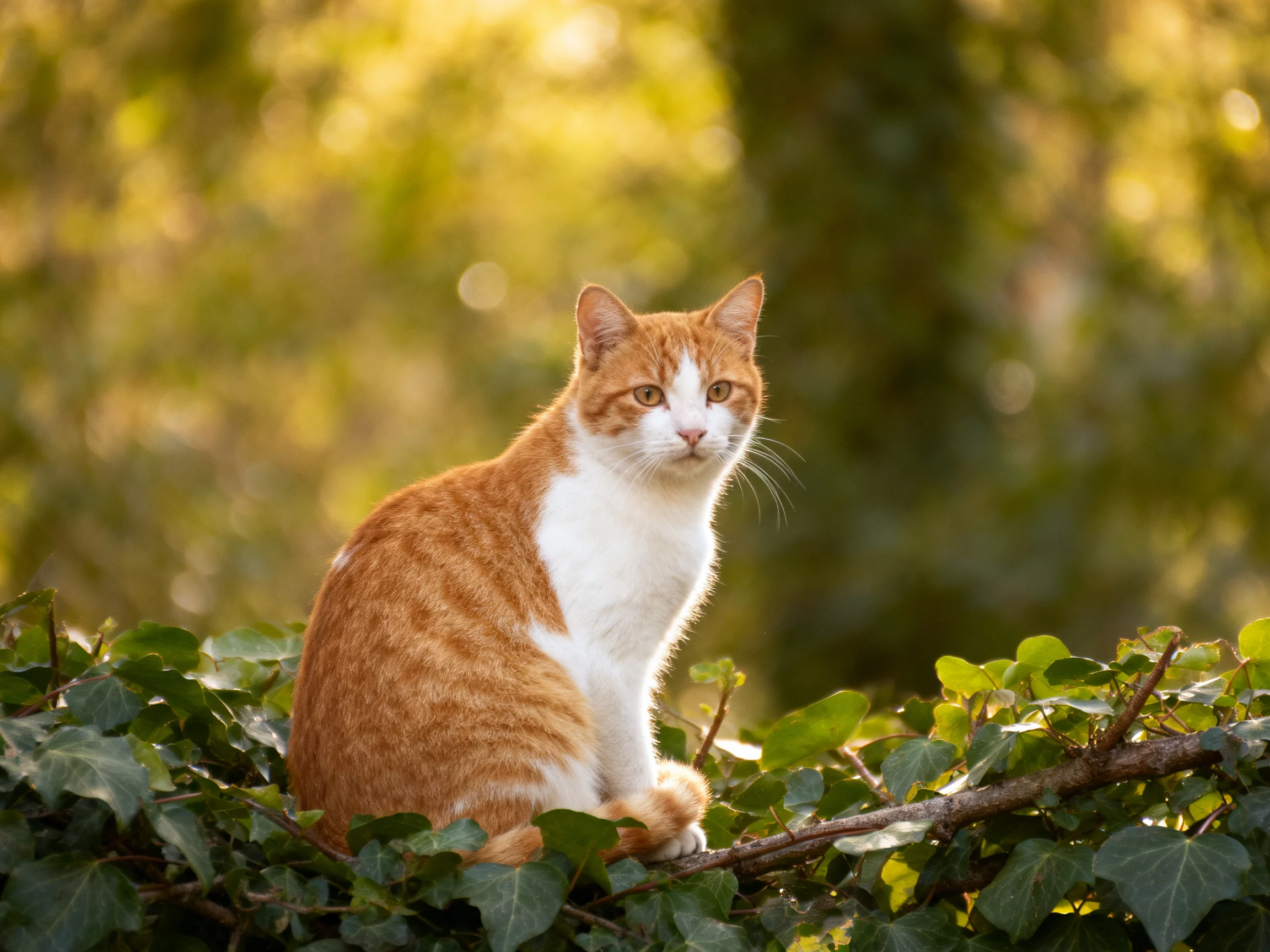 An orange and white cat sits among green foliage in a sunlit outdoor setting.